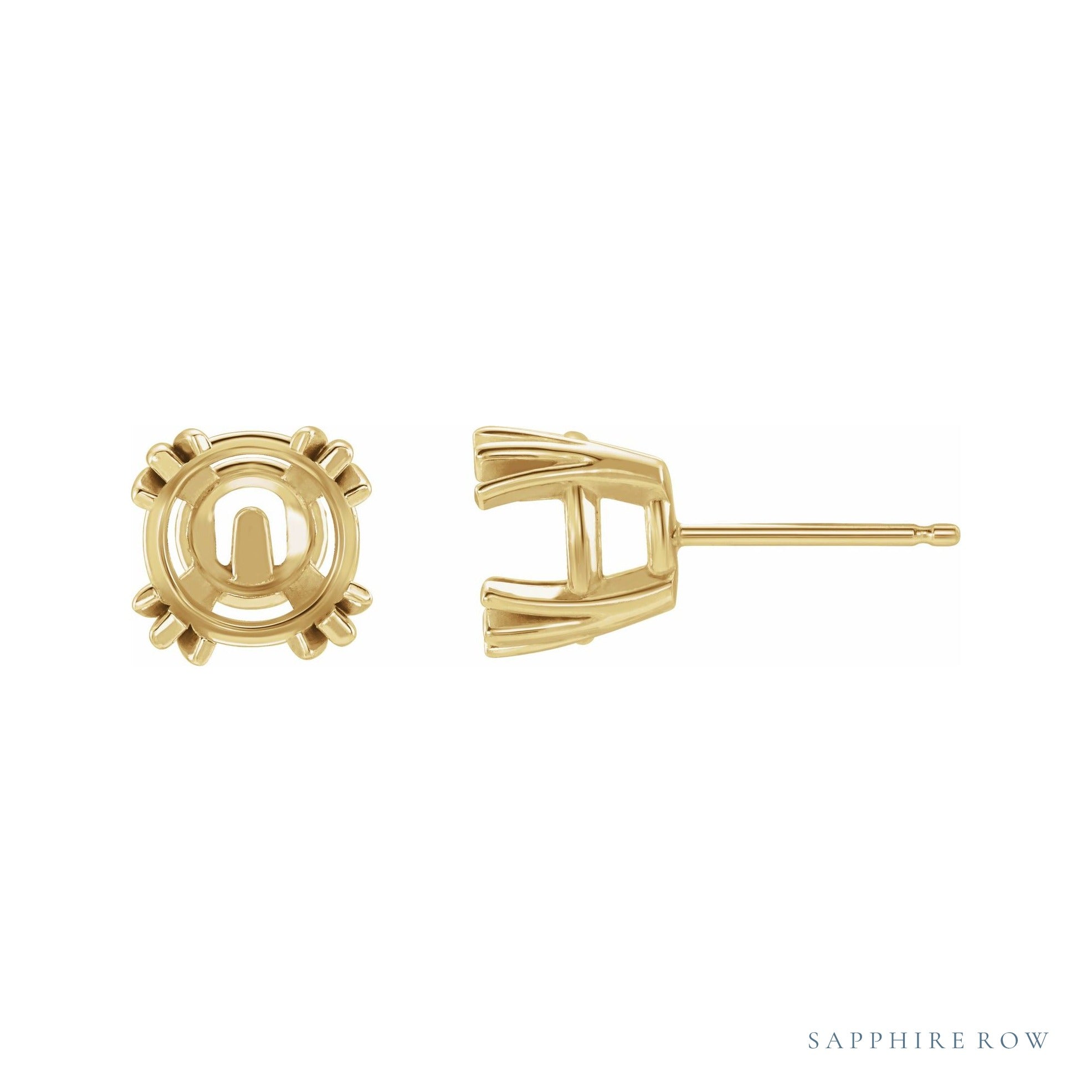 Sapphire Row Round 4-Prong Claw Stud Earrings setting in 14K Yellow Gold, shown with a center stone (sold separately)