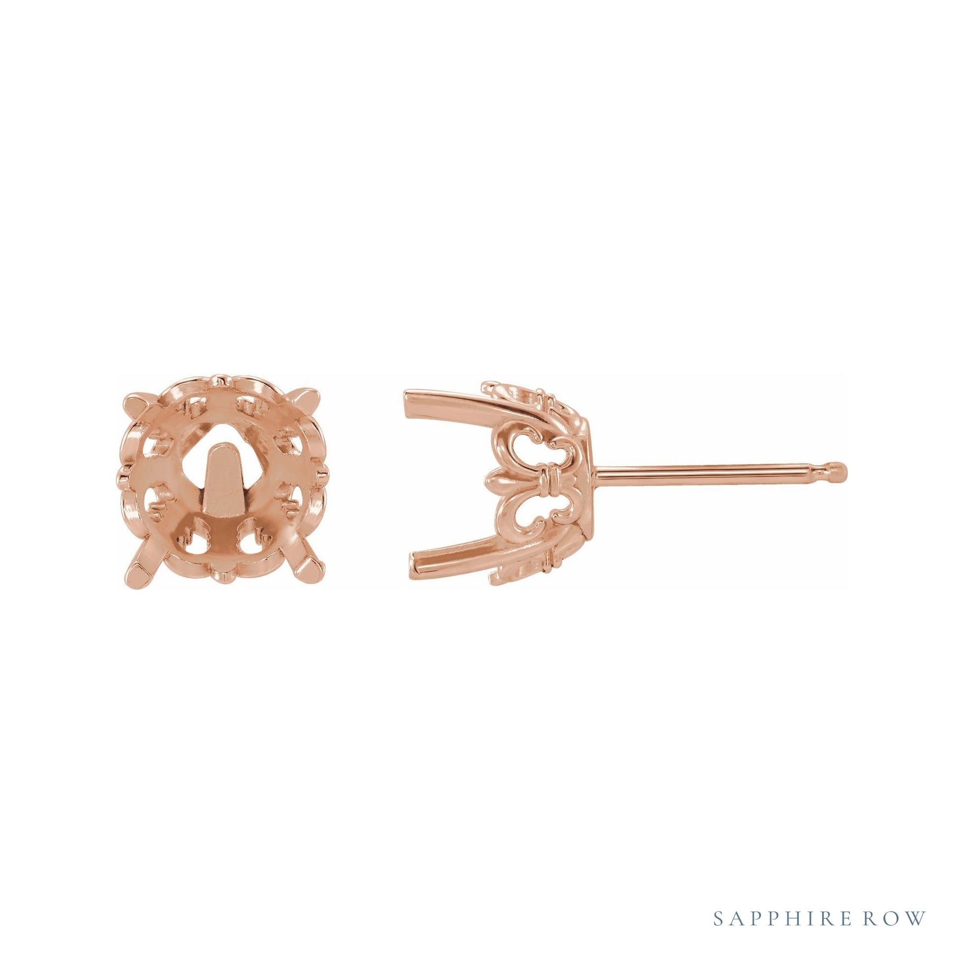 Sapphire Row Round 4-Prong Fleur-de-lis Stud Earrings setting in 14K Rose Gold, shown with a center stone (sold separately)