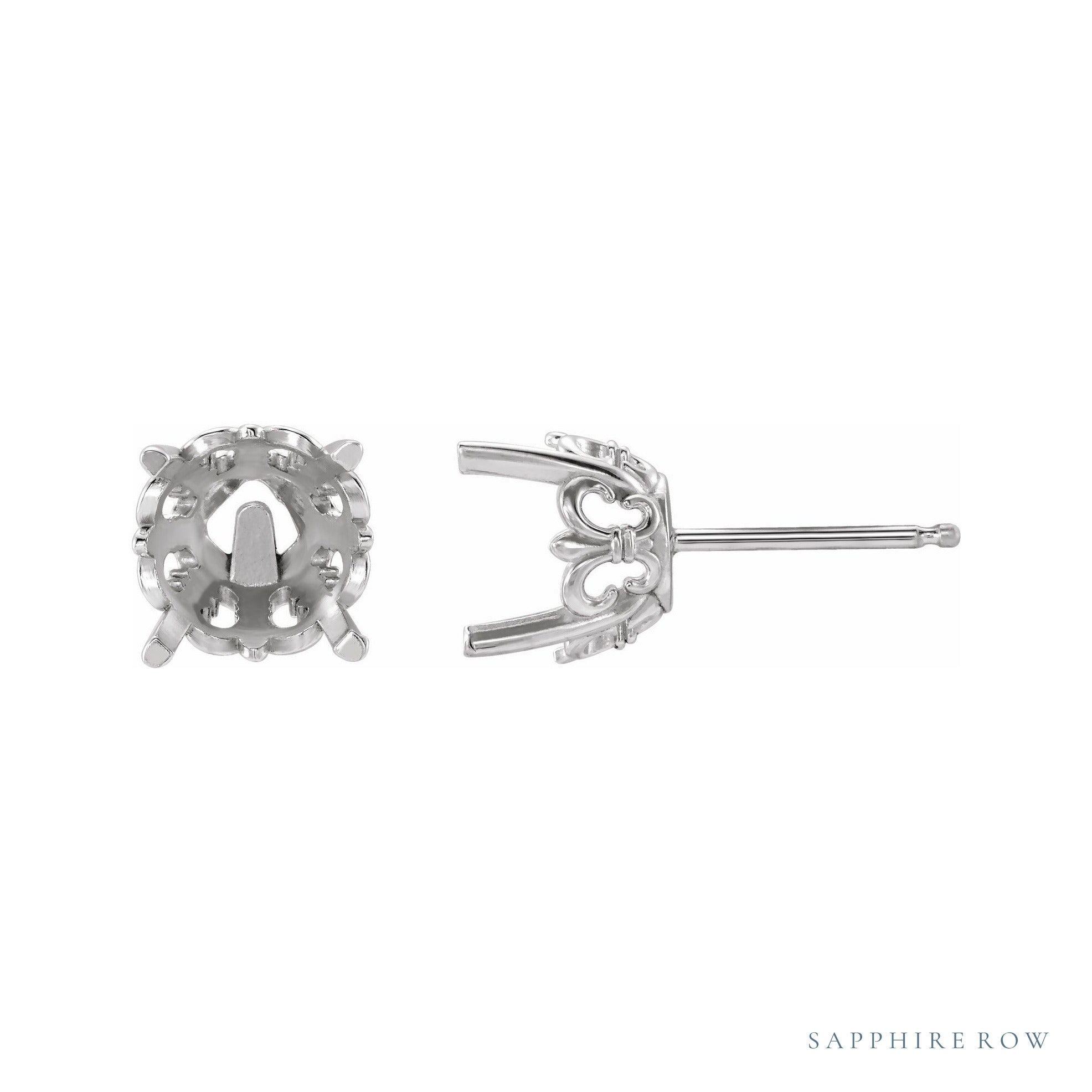 Sapphire Row Round 4-Prong Fleur-de-lis Stud Earrings setting in 14K White Gold, shown with a center stone (sold separately)