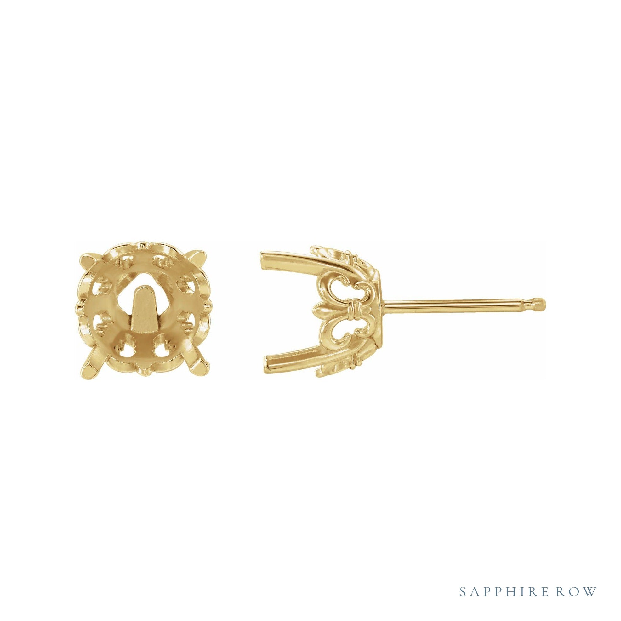 Sapphire Row Round 4-Prong Fleur-de-lis Stud Earrings setting in 14K Yellow Gold, shown with a center stone (sold separately)