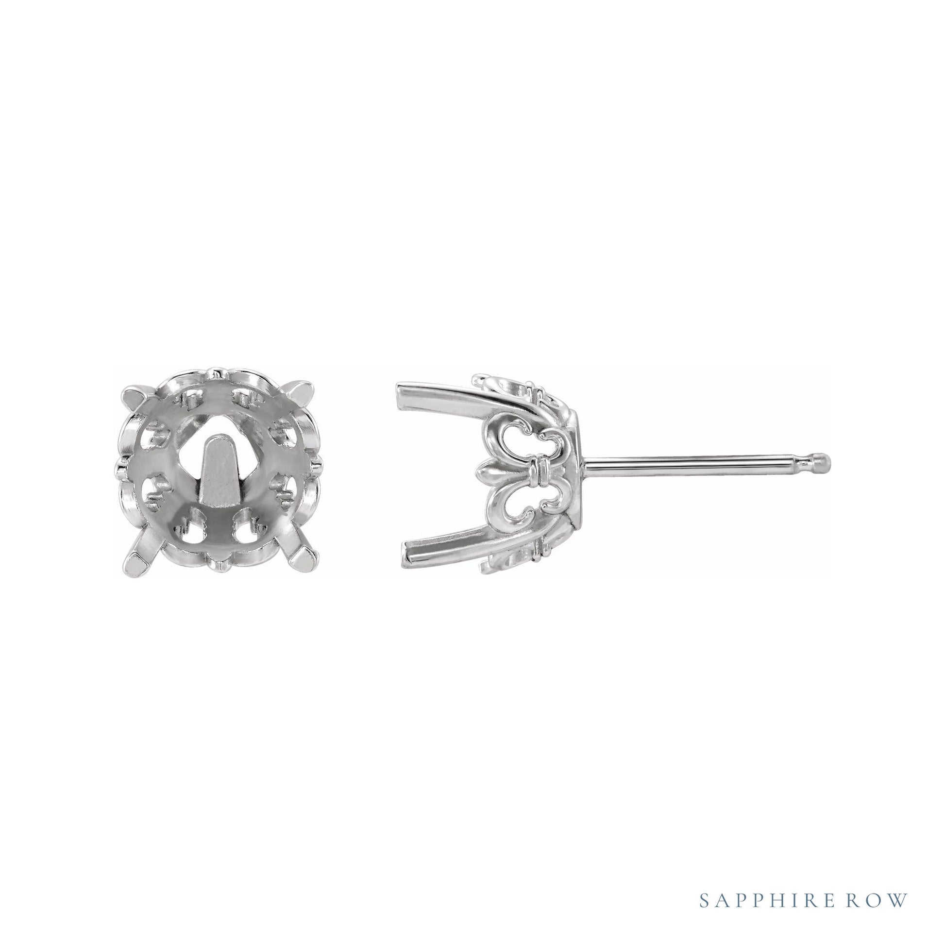 Sapphire Row Round 4-Prong Fleur-de-lis Stud Earrings setting in Platinum, shown with a center stone (sold separately)