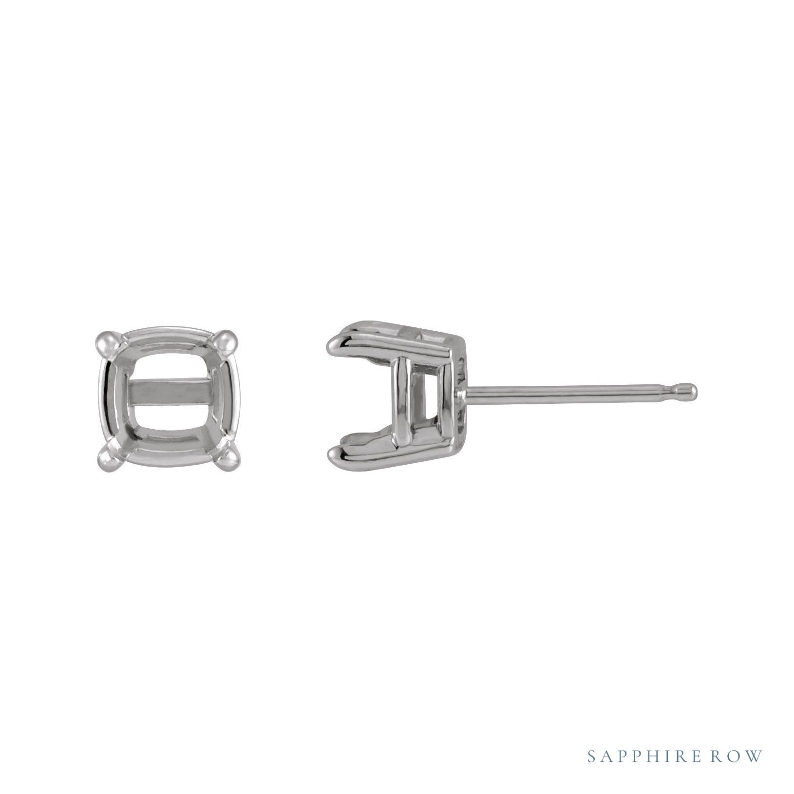 Sapphire Row Cushion 4-Prong Claw-Prong Stud Earrings setting in 14K White Gold, shown with a center stone (sold separately)