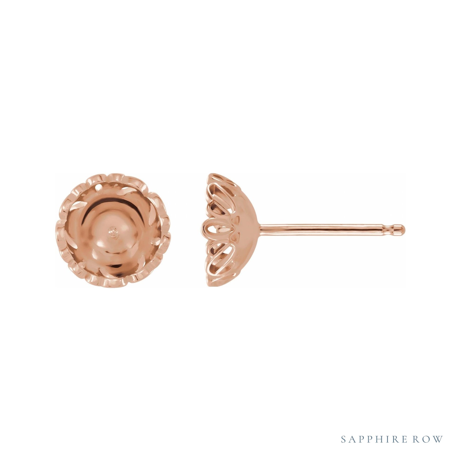 Sapphire Row Pearl Scroll Earrings setting in 14K Rose Gold, shown without a pearl (pearl sold separately)