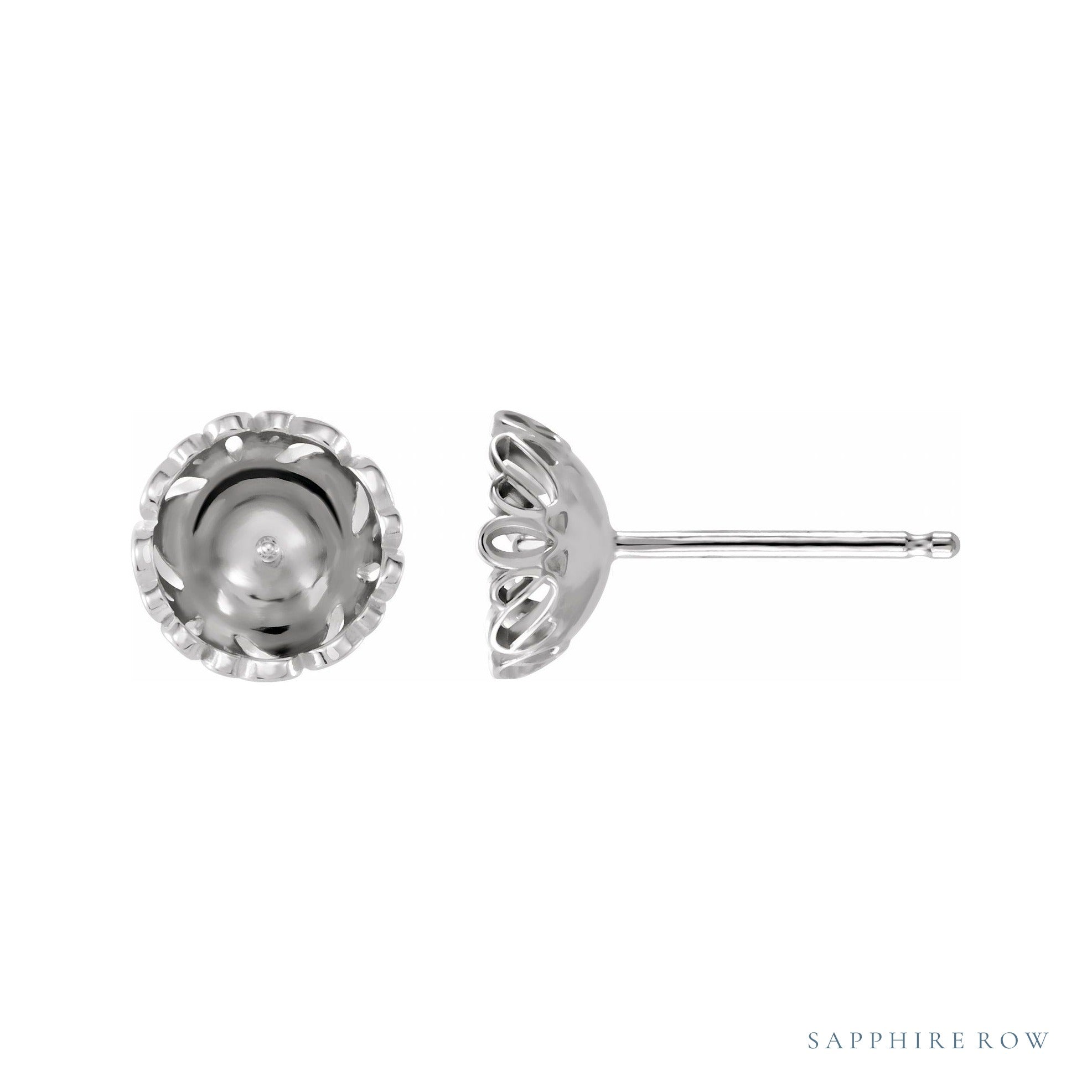 Sapphire Row Pearl Scroll Earrings setting in 14K White Gold, shown without a pearl (pearl sold separately)