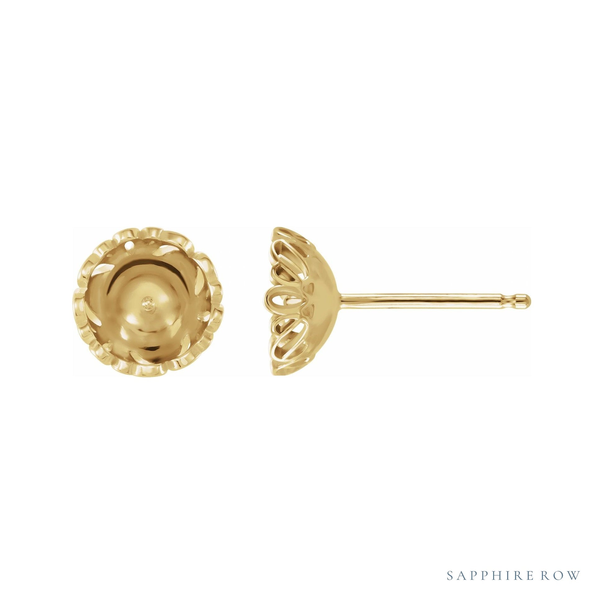 Sapphire Row Pearl Scroll Earrings setting in 14K Yellow Gold, shown without a pearl (pearl sold separately)