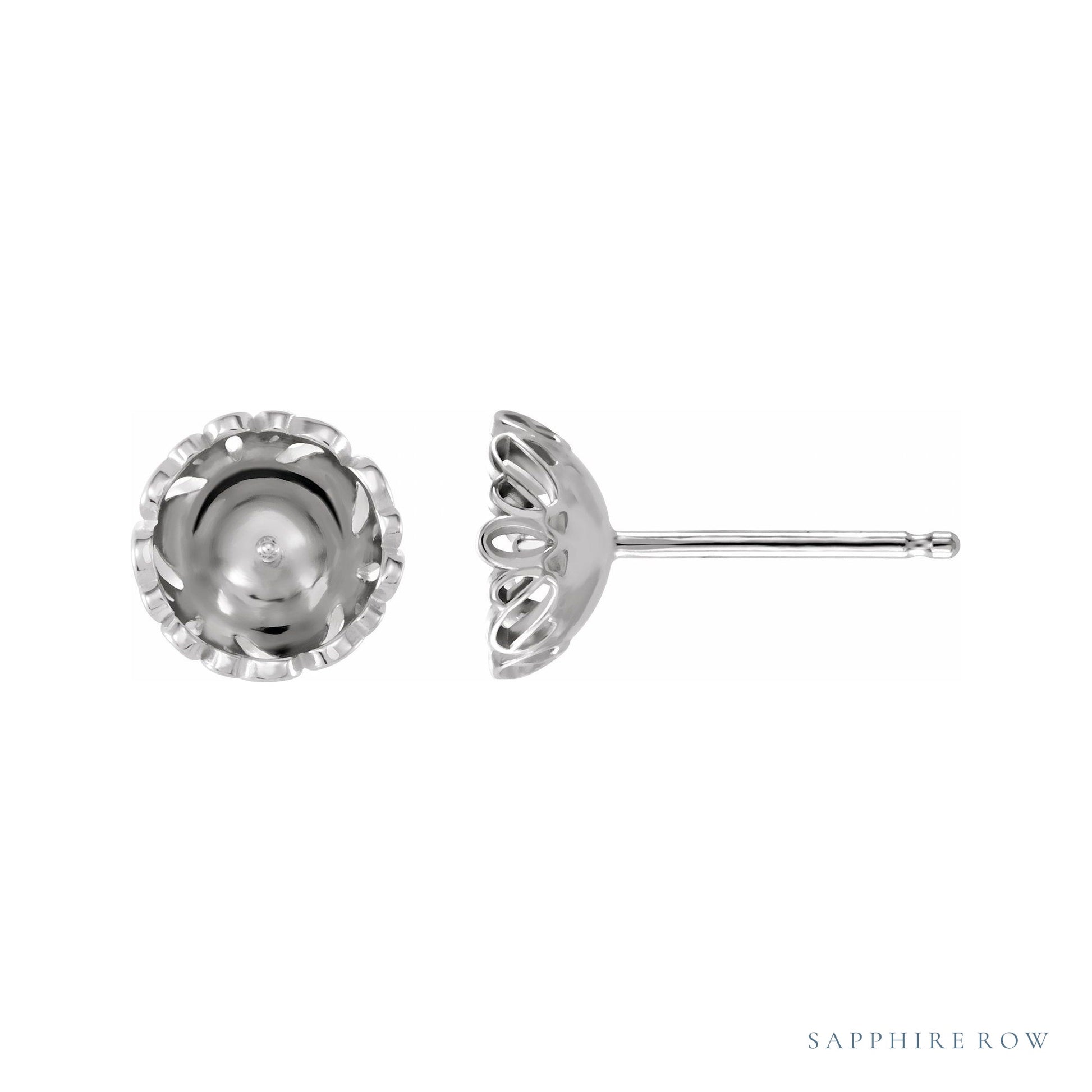 Sapphire Row Pearl Scroll Earrings setting in Platinum, shown without a pearl (pearl sold separately)