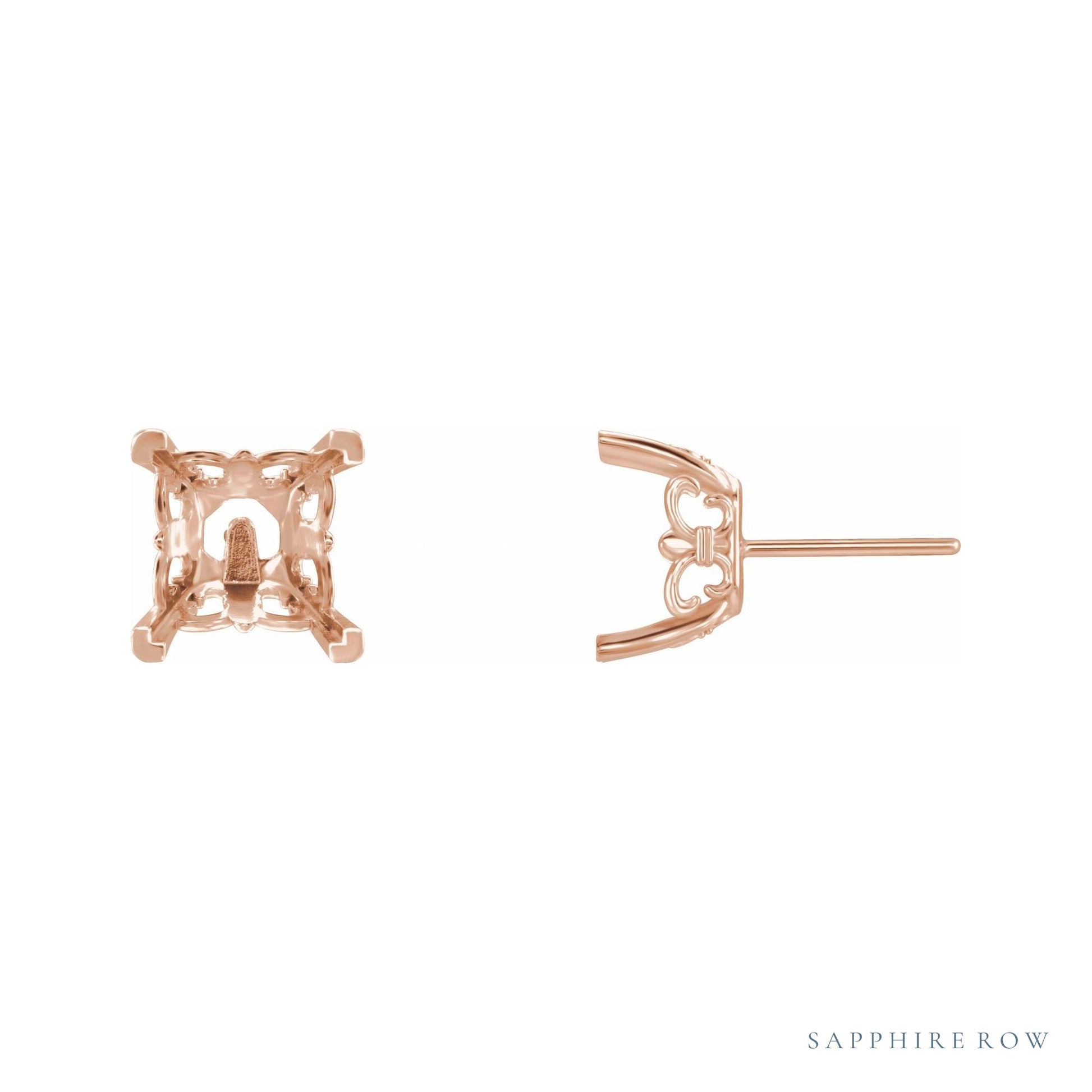 Sapphire Row Square 4-Prong Fleur-de-lis Earrings setting in 14K Rose Gold, shown with a center stone (sold separately)