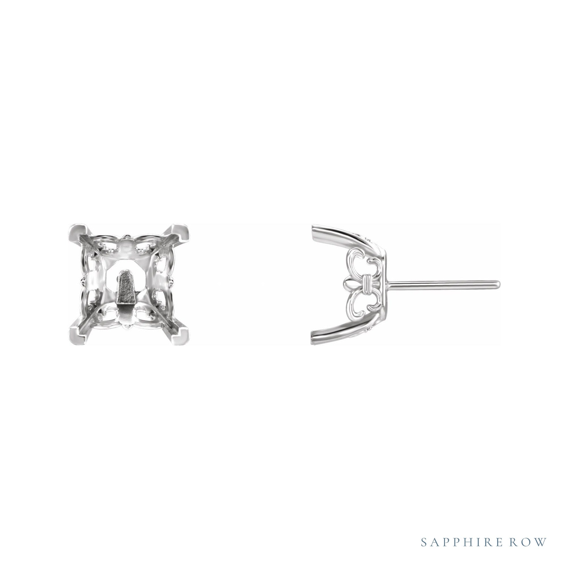 Sapphire Row Square 4-Prong Fleur-de-lis Earrings setting in 14K White Gold, shown with a center stone (sold separately)