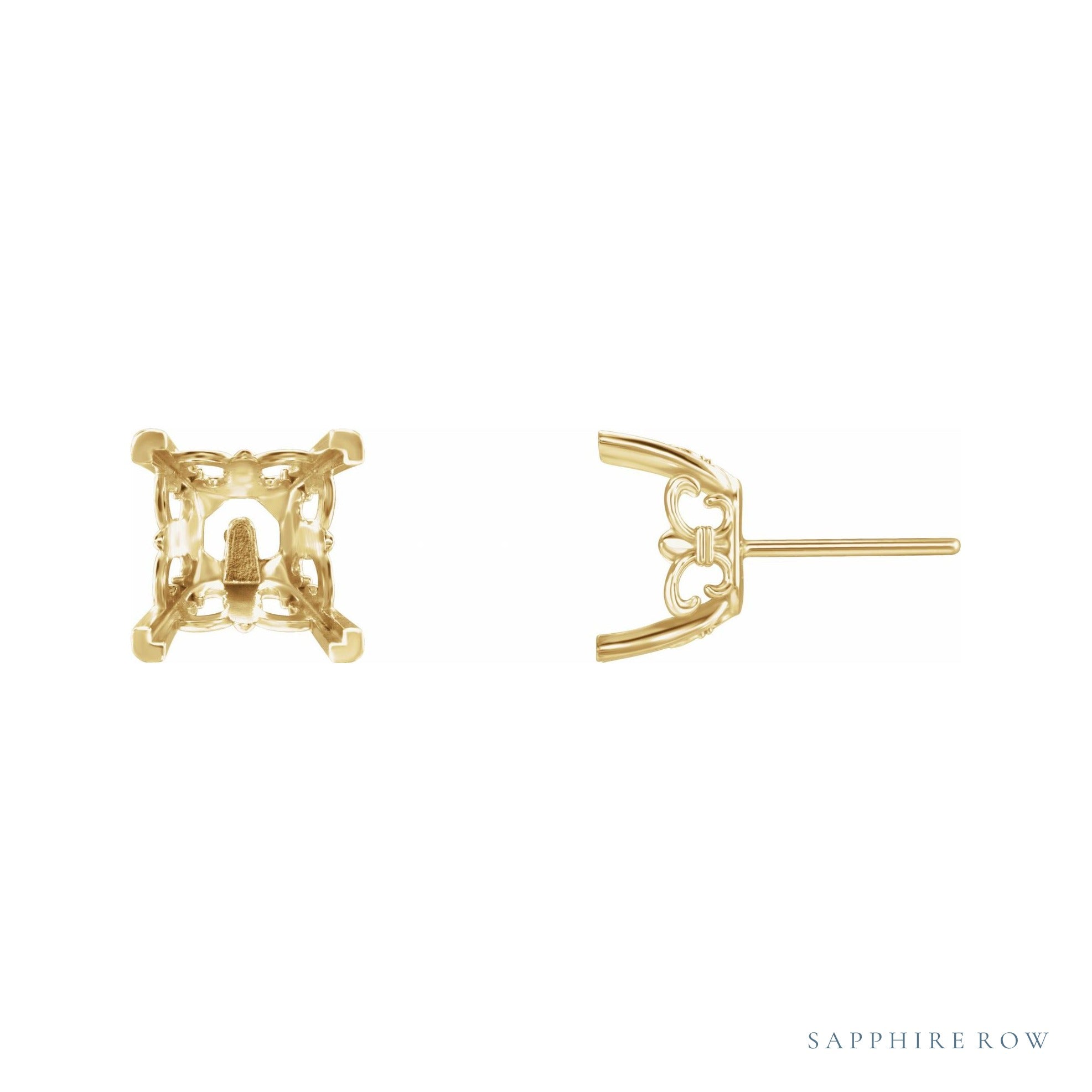 Sapphire Row Square 4-Prong Fleur-de-lis Earrings setting in 14K Yellow Gold, shown with a center stone (sold separately)