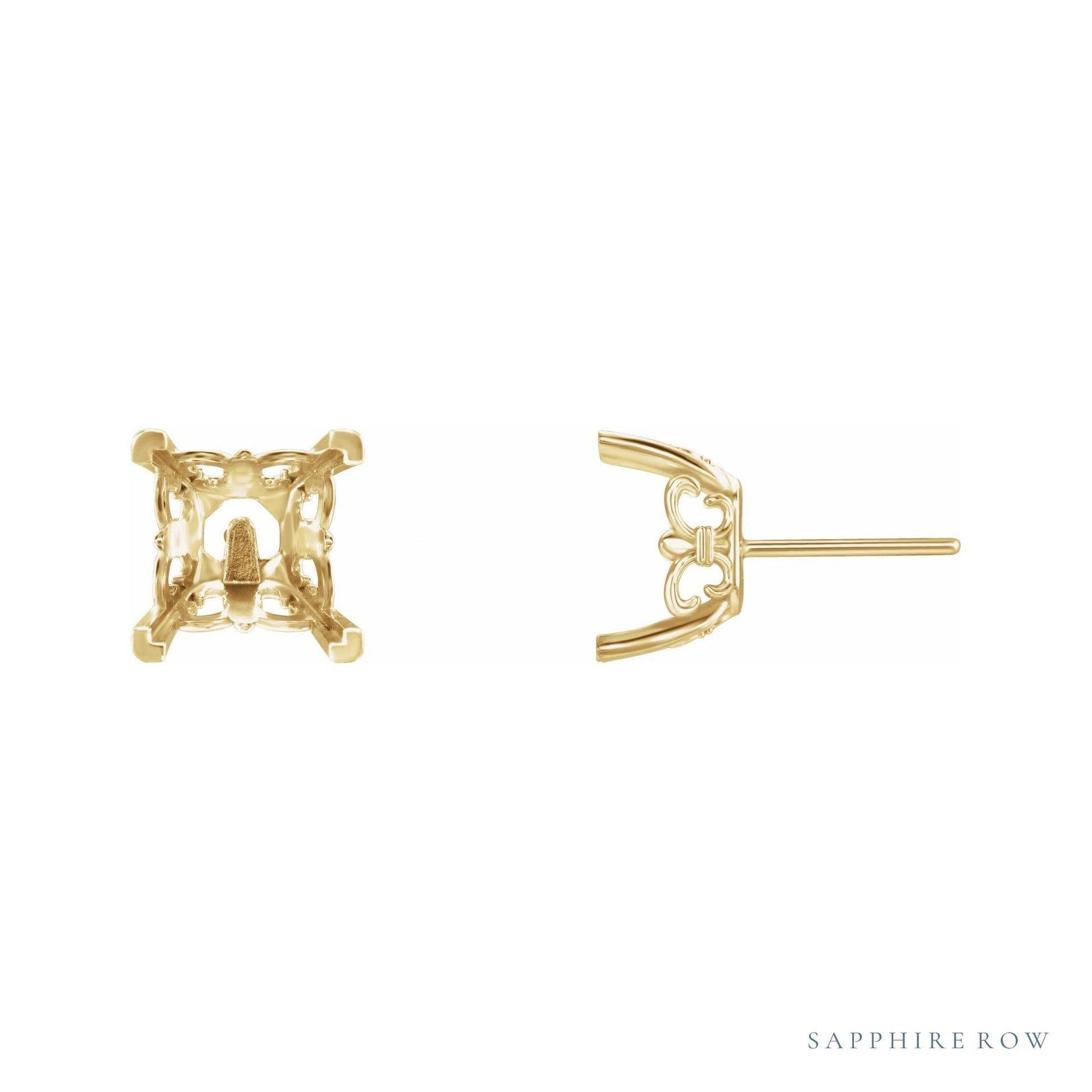 Sapphire Row Square 4-Prong Fleur-de-lis Earrings setting in 14K Yellow Gold, shown with a center stone (sold separately)