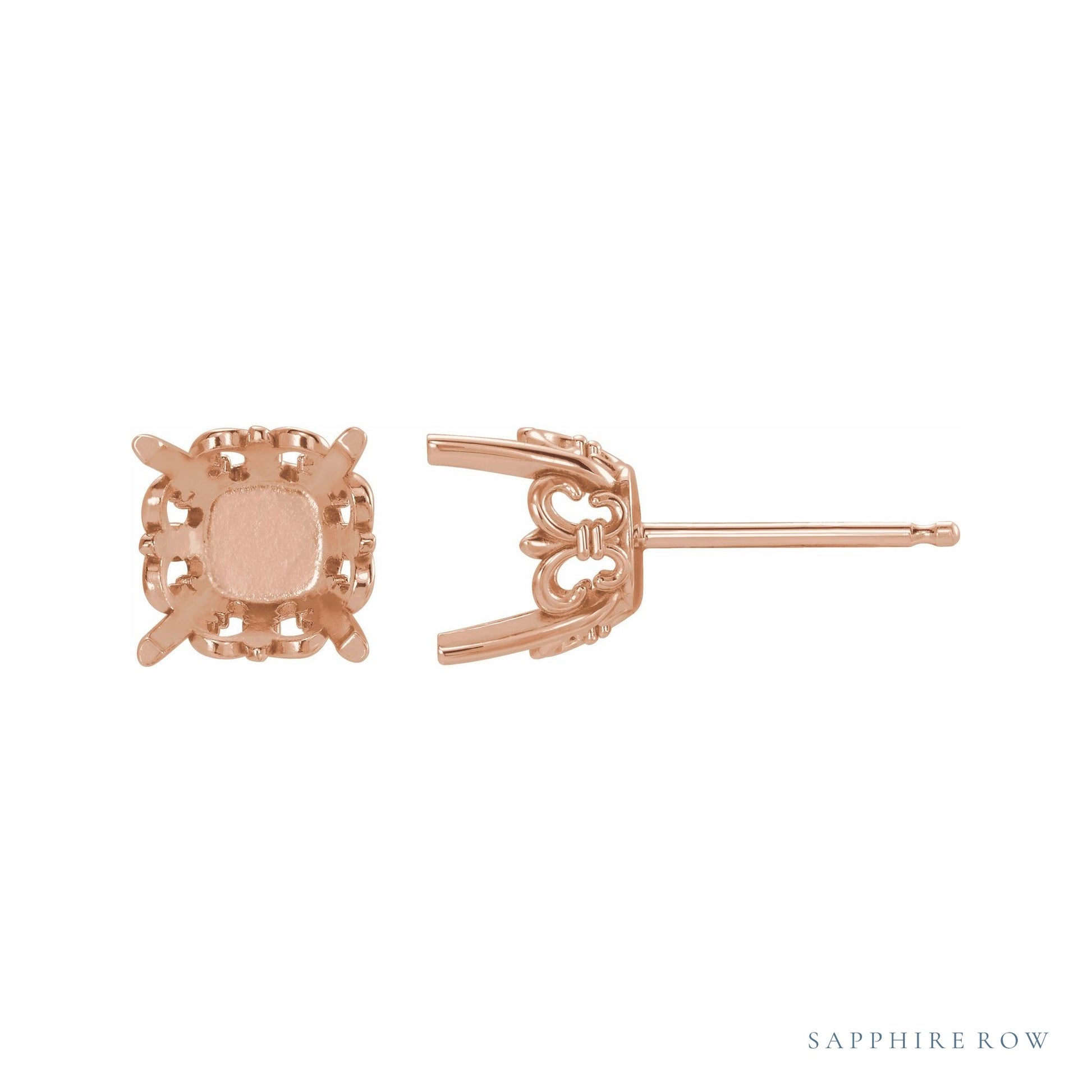 Sapphire Row Cushion 4-Prong Fleur-de-lis Earrings setting in 14K Rose Gold, shown with a center stone (sold separately)