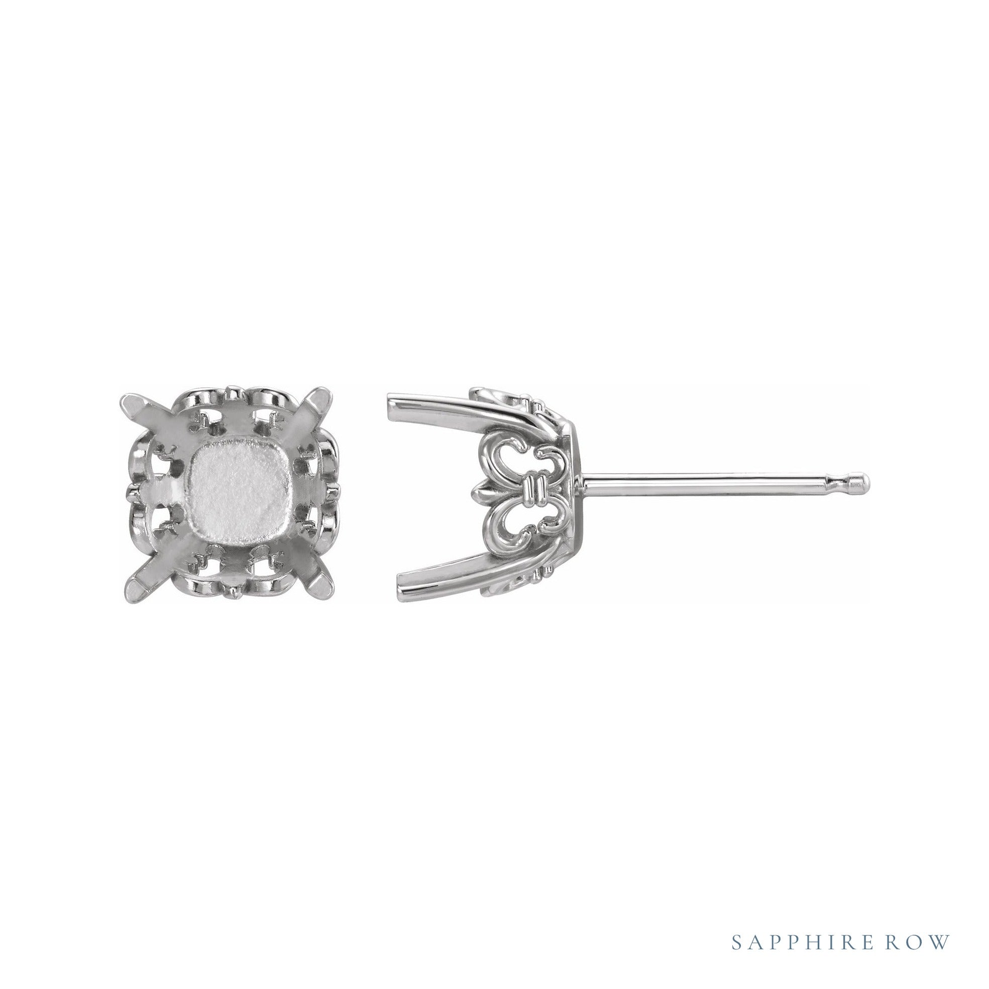 Sapphire Row Cushion 4-Prong Fleur-de-lis Earrings setting in 14K White Gold, shown with a center stone (sold separately)