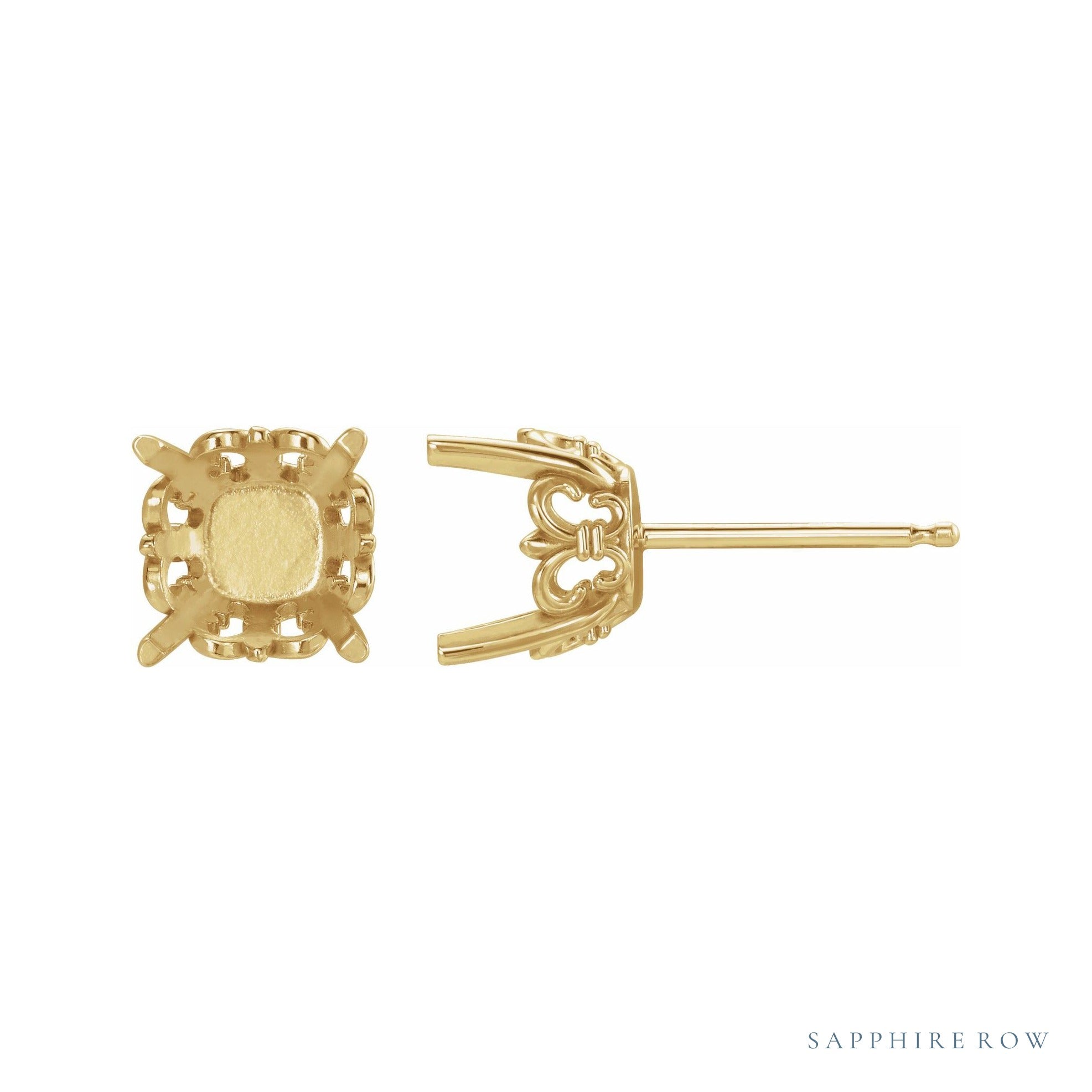 Sapphire Row Cushion 4-Prong Fleur-de-lis Earrings setting in 14K Yellow Gold, shown with a center stone (sold separately)