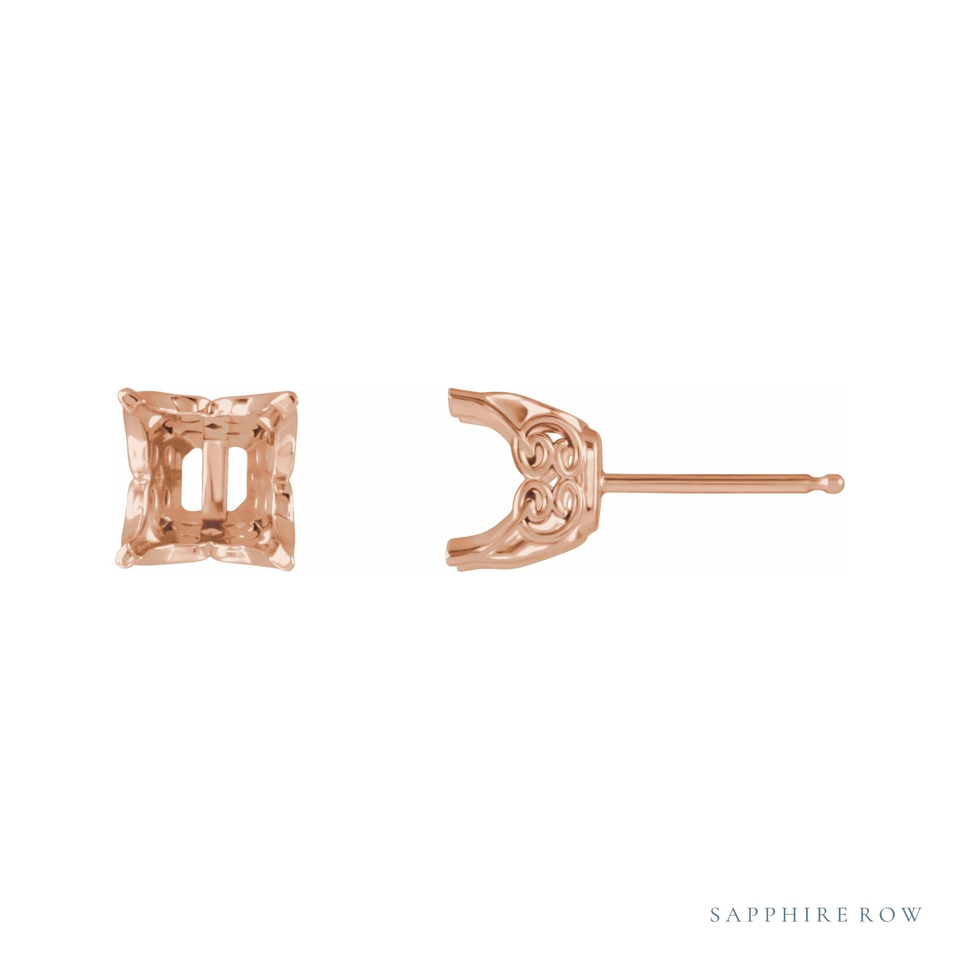 Sapphire Row Square 4-Prong Lace-Style Earrings setting in 14K Rose Gold, shown with a center stone (sold separately)