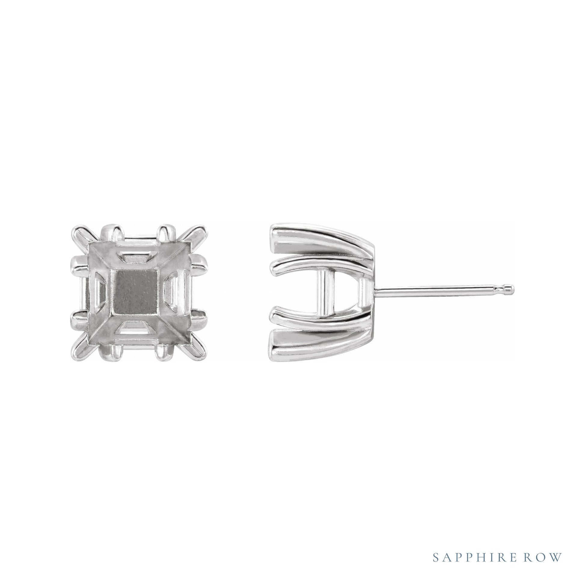 Sapphire Row Square Split 4-Prong Stud Earrings setting in Platinum, shown with a center stone (sold separately)