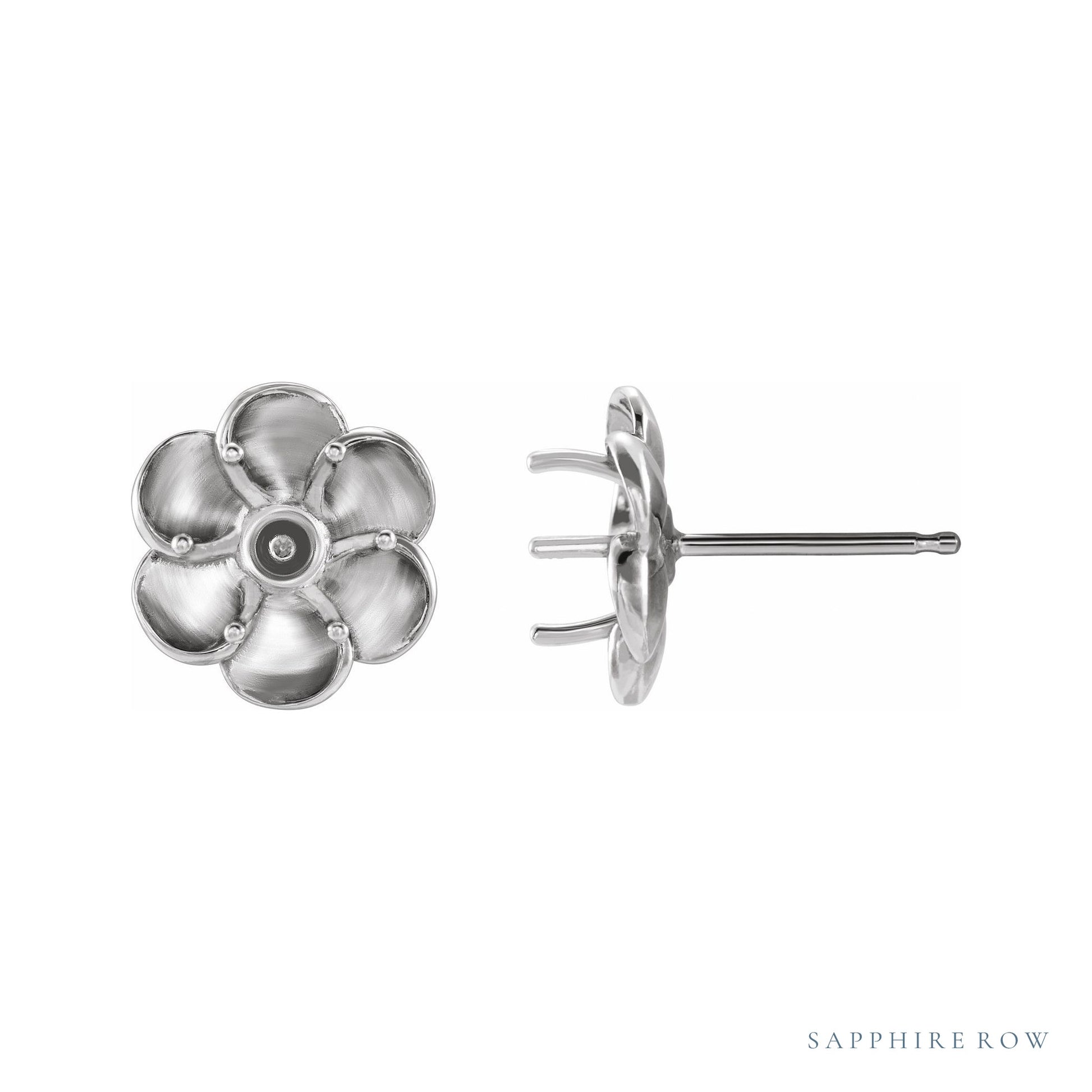 Sapphire Row Round Buttercup Stud Earrings setting in Platinum, shown with a center stone (sold separately)