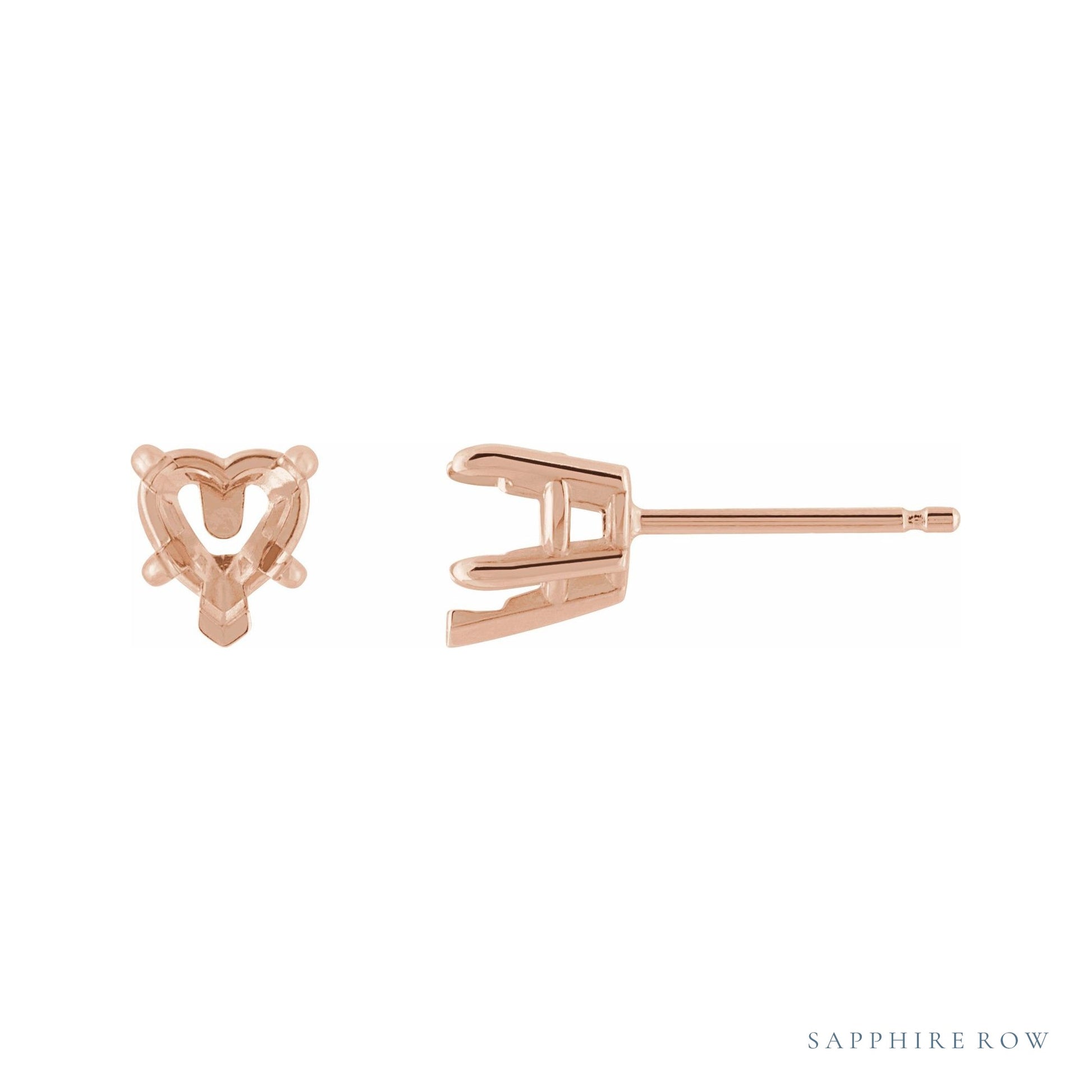Sapphire Row Heart 5-Prong Claw V-End Stud Earrings setting in 14K Rose Gold, shown with a center stone (sold separately)