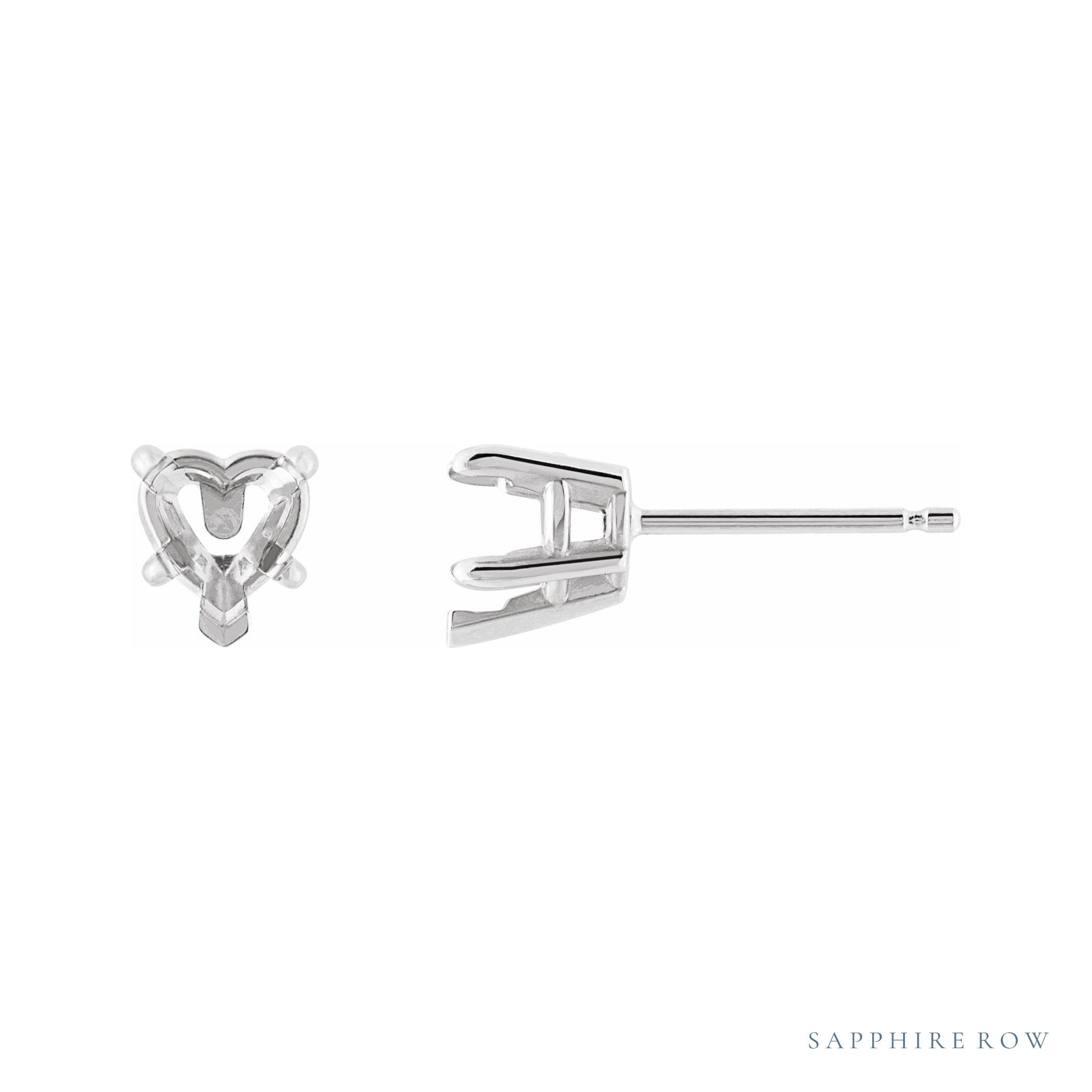 Sapphire Row Heart 5-Prong Claw V-End Stud Earrings setting in 14K White Gold, shown with a center stone (sold separately)