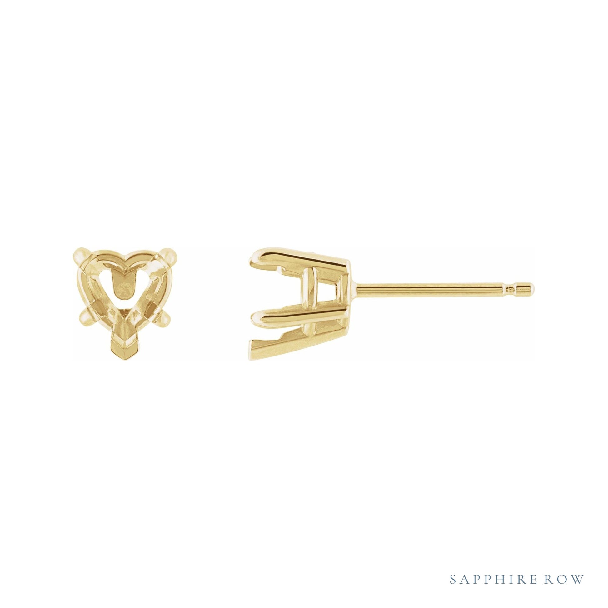 Sapphire Row Heart 5-Prong Claw V-End Stud Earrings setting in 14K Yellow Gold, shown with a center stone (sold separately)