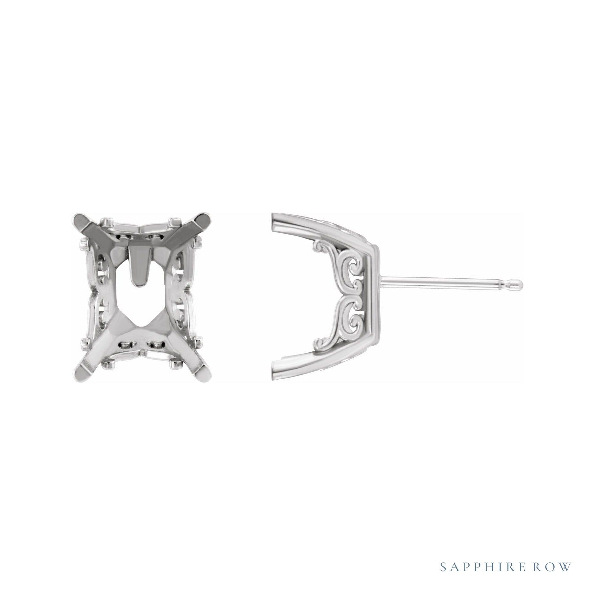Sapphire Row Emerald 4-Prong Scroll Stud Earrings setting in 14K White Gold, shown with a center stone (sold separately)