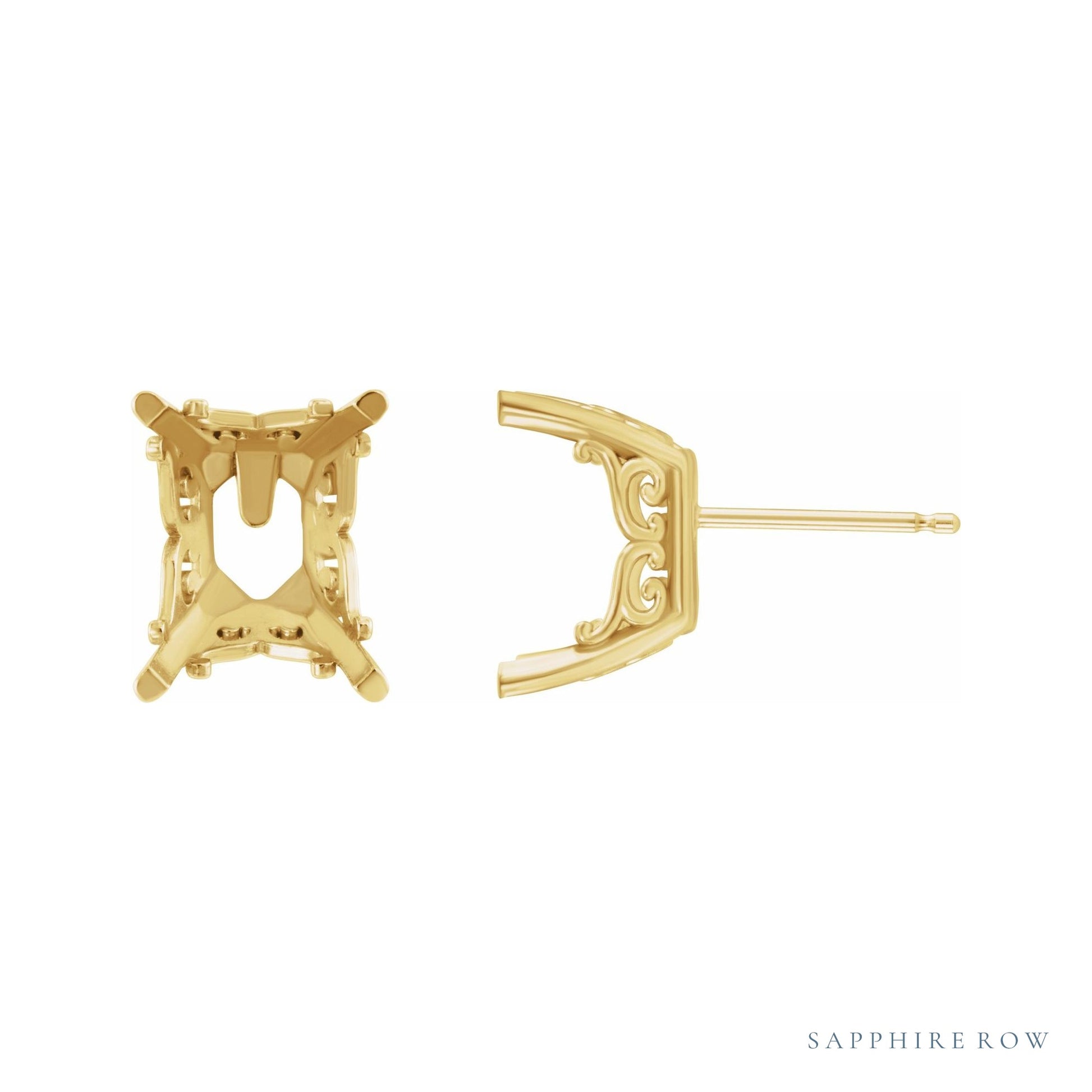 Sapphire Row Emerald 4-Prong Scroll Stud Earrings setting in 14K Yellow Gold, shown with a center stone (sold separately)