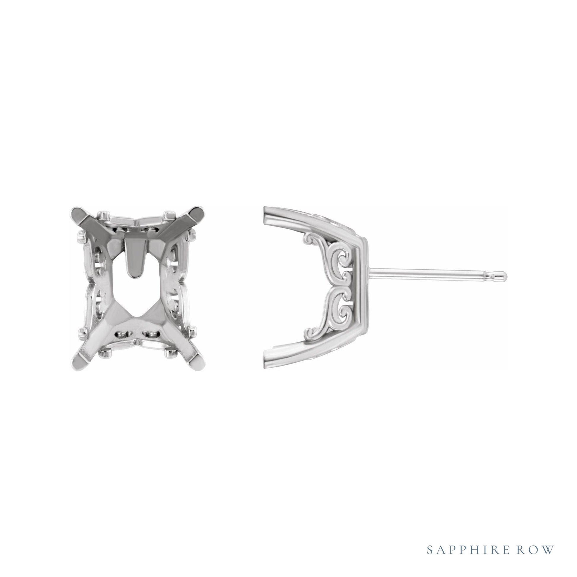 Sapphire Row Emerald 4-Prong Scroll Stud Earrings setting in Platinum, shown with a center stone (sold separately)