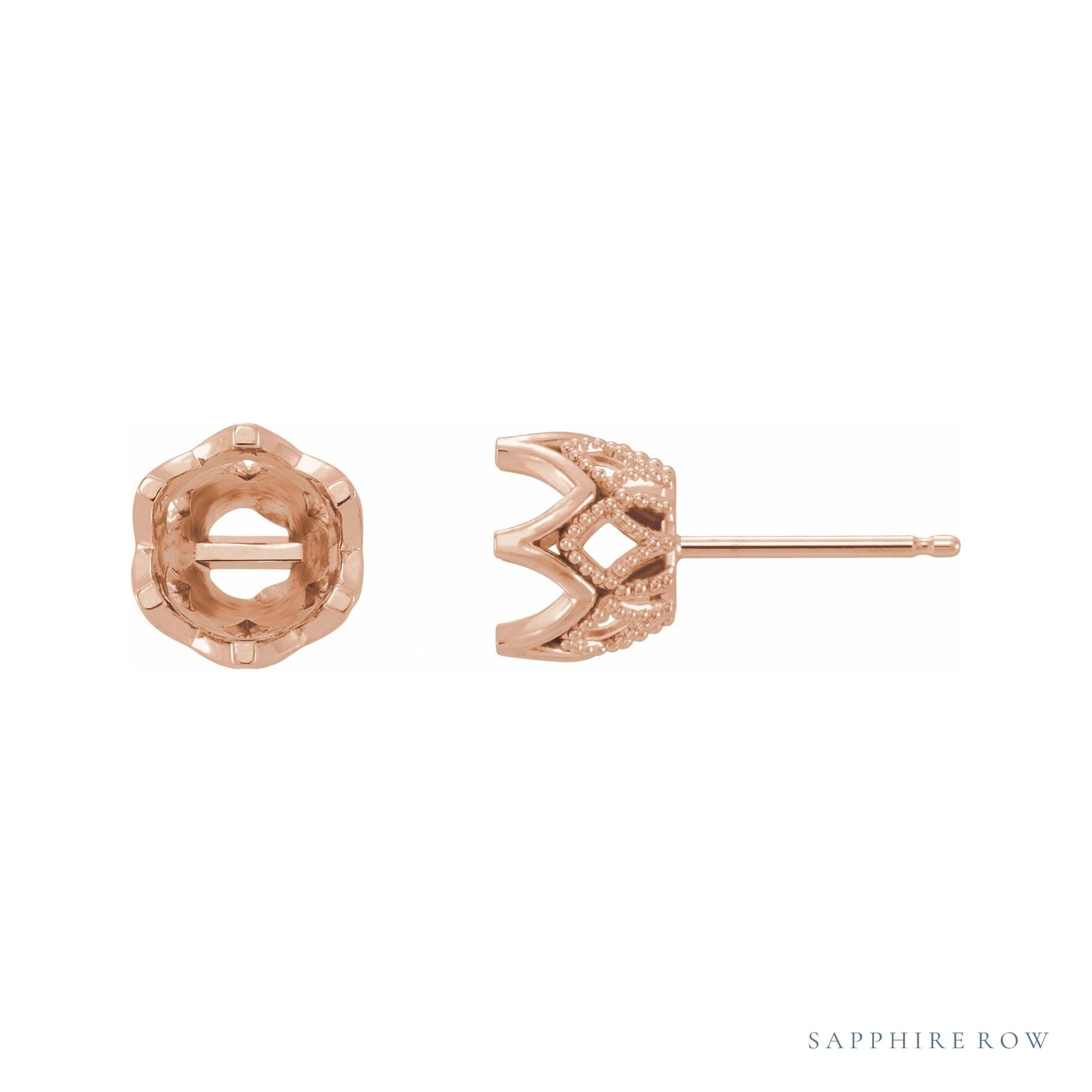 Sapphire Row Round 6-Prong Crown Earrings setting in 14K Rose Gold, shown with a center stone (sold separately)
