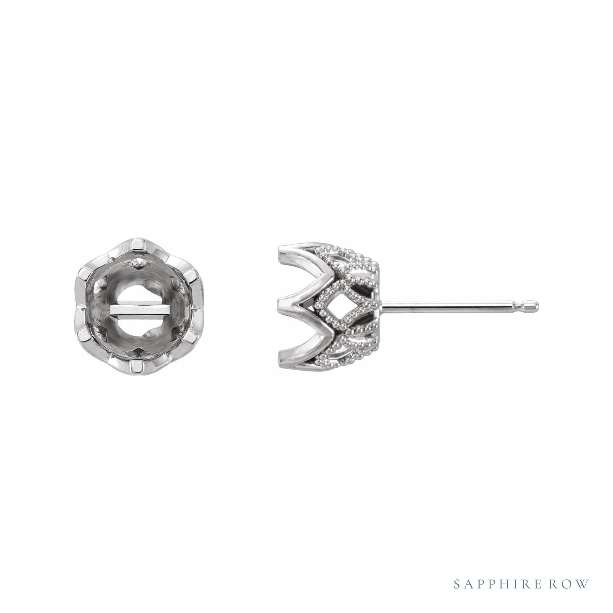 Sapphire Row Round 6-Prong Crown Earrings setting in 14K White Gold, shown with a center stone (sold separately)