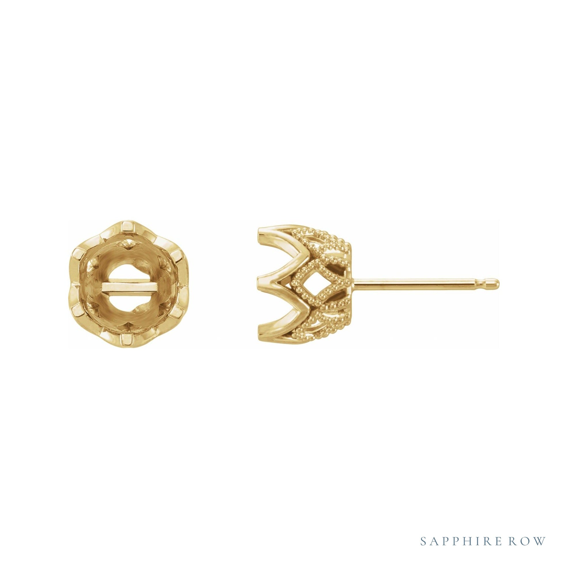 Sapphire Row Round 6-Prong Crown Earrings setting in 14K Yellow Gold, shown with a center stone (sold separately)