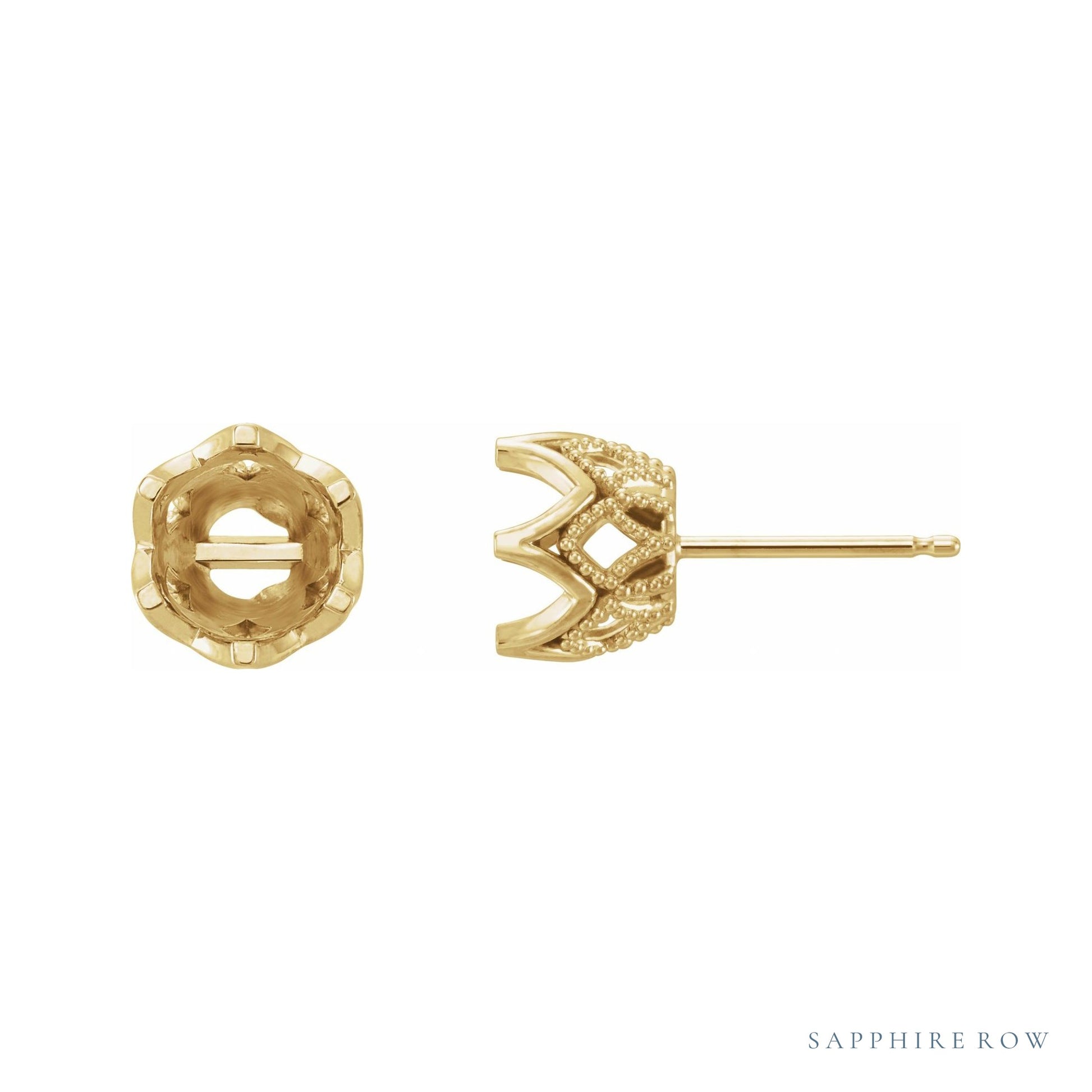 Sapphire Row Round 6-Prong Crown Earrings setting in 14K Yellow Gold, shown with a center stone (sold separately)