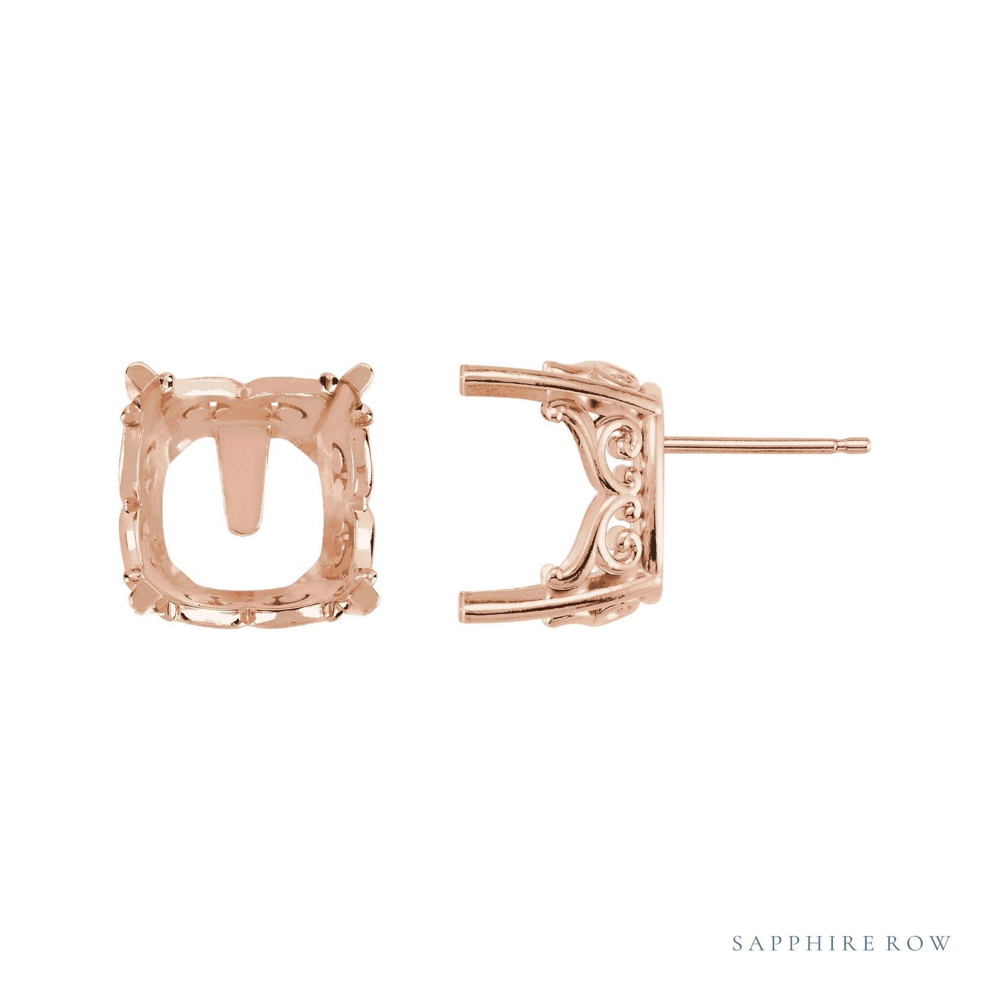 Sapphire Row Cushion 4-Prong Scroll Stud Earrings setting in 14K Rose Gold, shown with a center stone (sold separately)