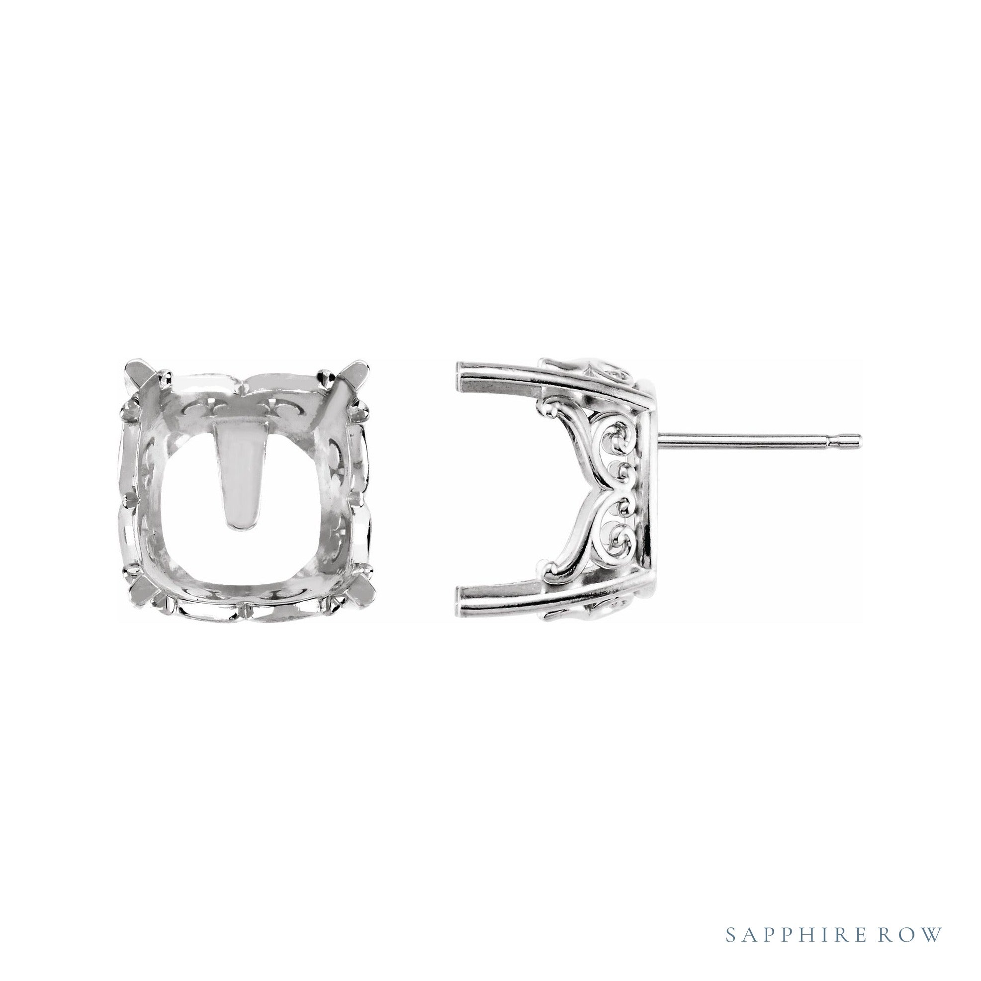 Sapphire Row Cushion 4-Prong Scroll Stud Earrings setting in 14K White Gold, shown with a center stone (sold separately)