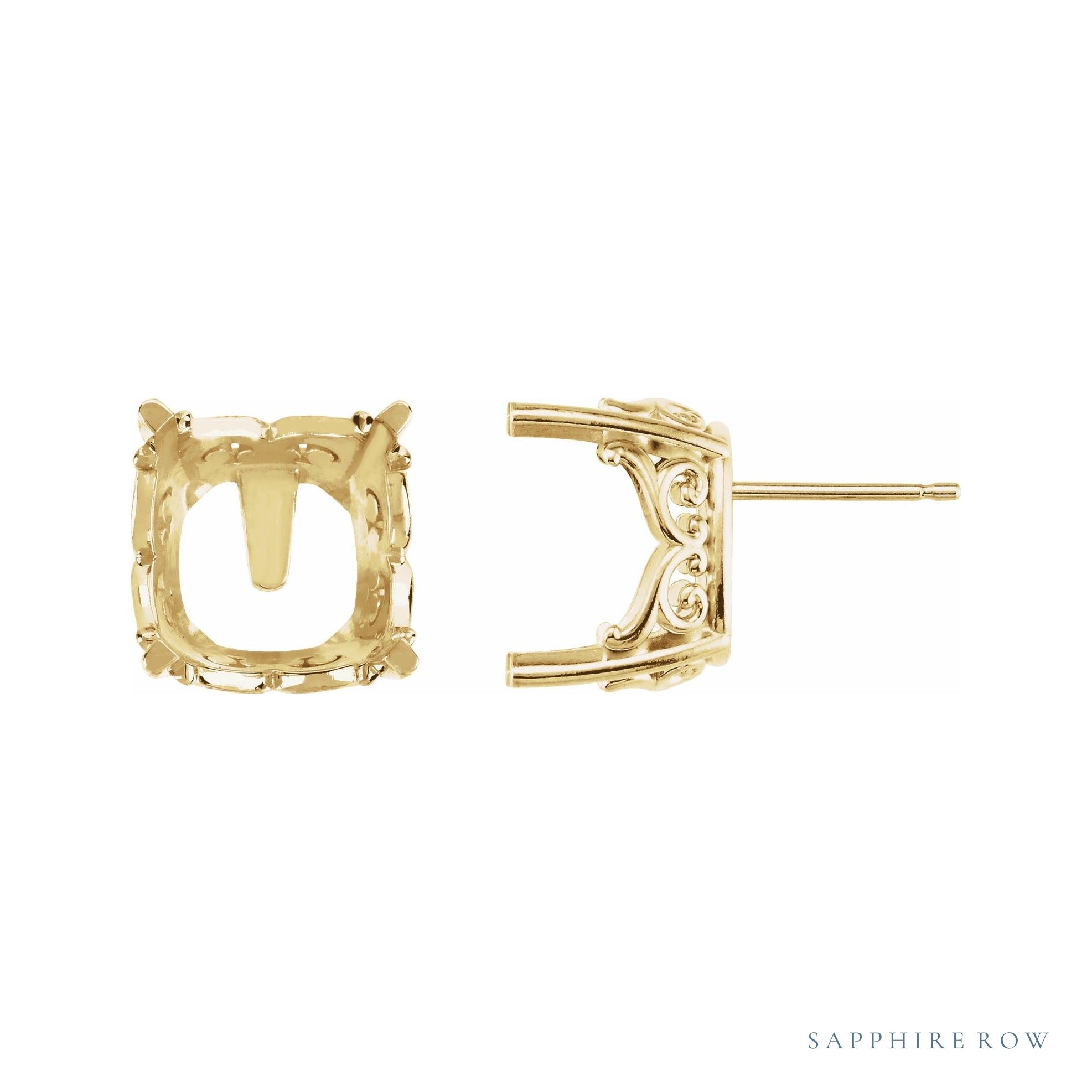 Sapphire Row Cushion 4-Prong Scroll Stud Earrings setting in 14K Yellow Gold, shown with a center stone (sold separately)