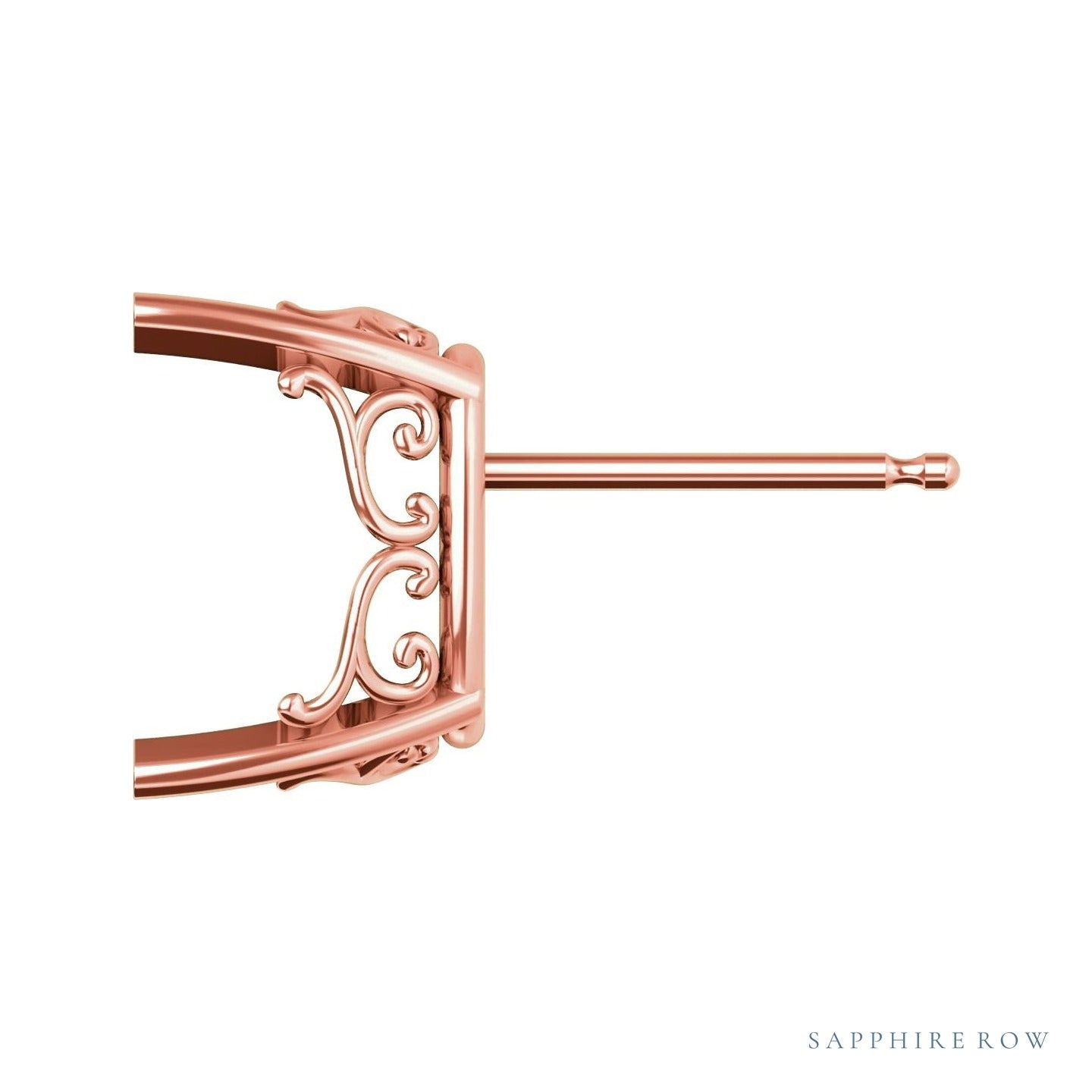 Sapphire Row Elongated Cushion 4-Prong Vintage-Inspired Scroll Earrings setting in 14K Rose Gold, shown with a center stone (sold separately)