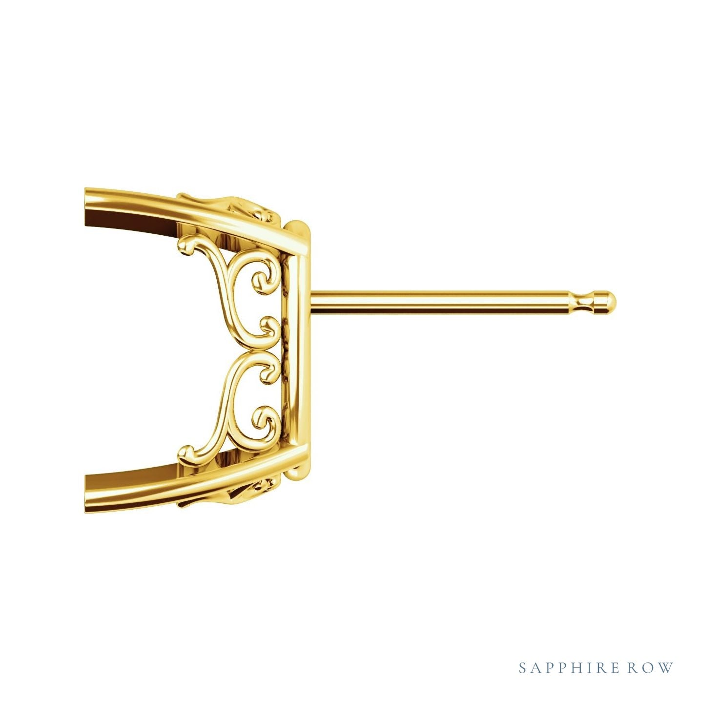 Sapphire Row Elongated Cushion 4-Prong Vintage-Inspired Scroll Earrings setting in 14K Yellow Gold, shown with a center stone (sold separately)