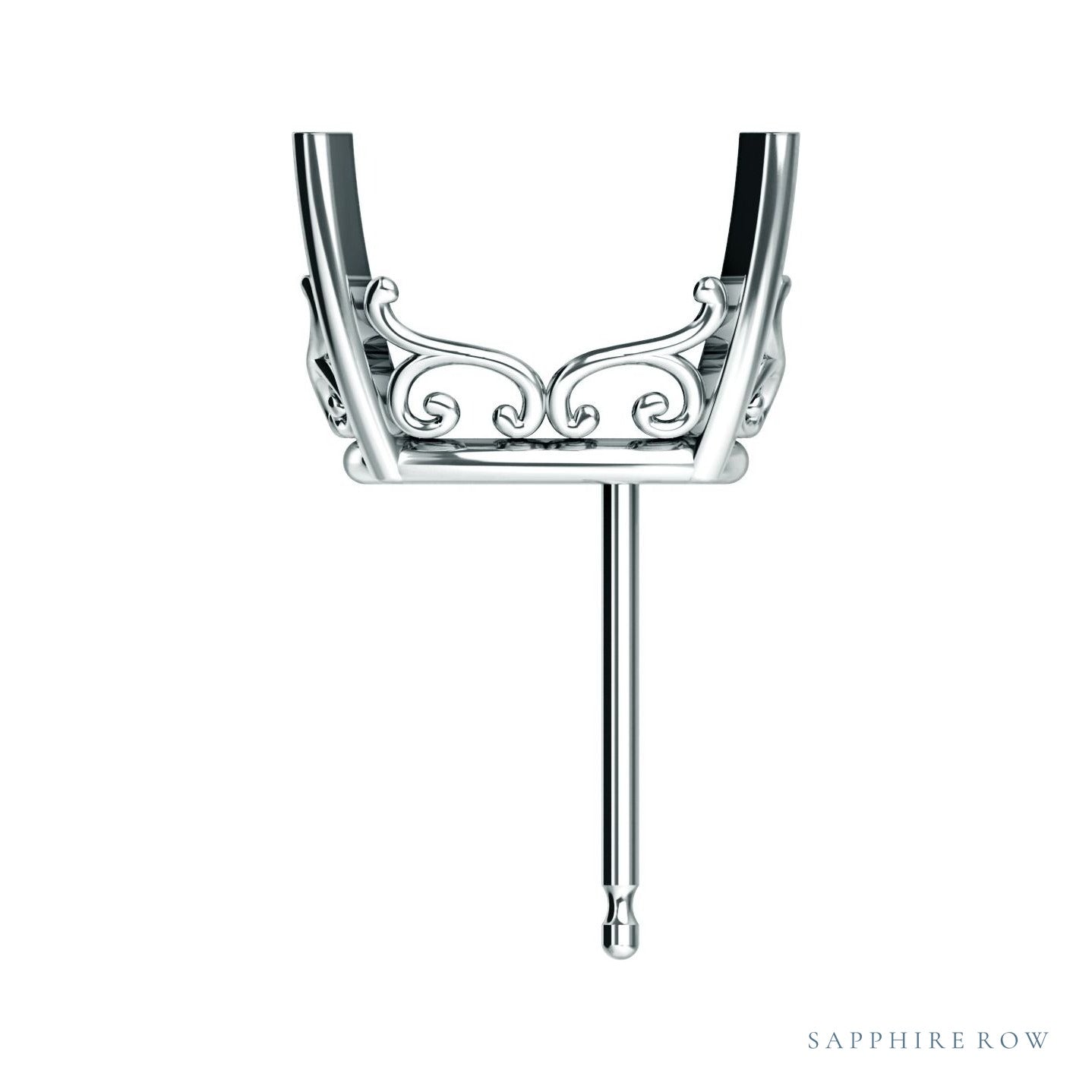 Sapphire Row Elongated Cushion 4-Prong Vintage-Inspired Scroll Earrings setting in Platinum, shown with a center stone (sold separately)