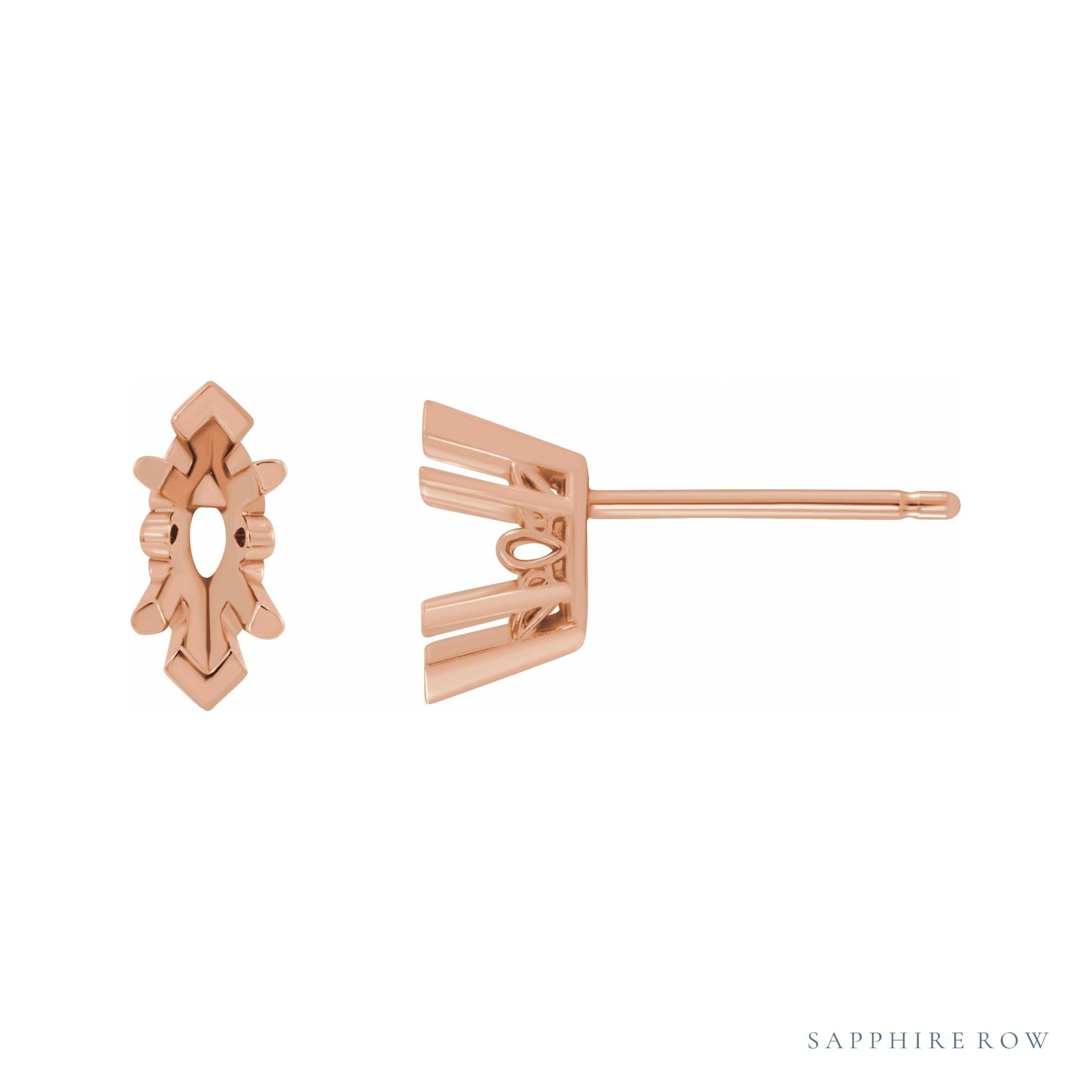 Sapphire Row Marquise 6-Prong V-End Scroll® Stud Earrings setting in 14K Rose Gold, shown with a center stone (sold separately)