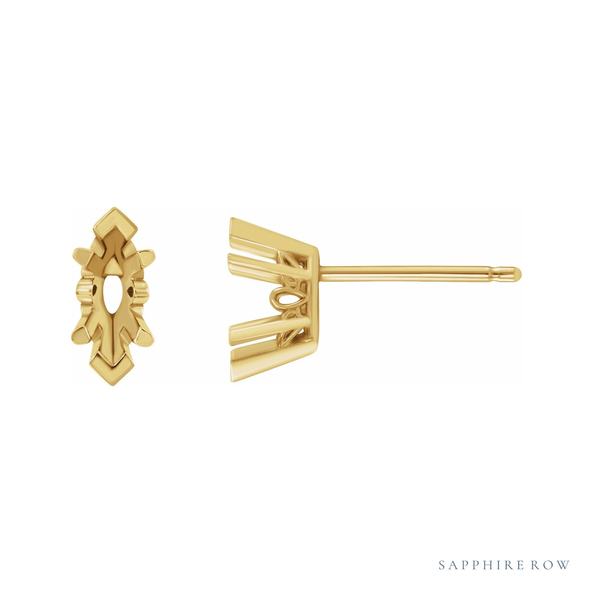 Sapphire Row Marquise 6-Prong V-End Scroll® Stud Earrings setting in 14K Yellow Gold, shown with a center stone (sold separately)