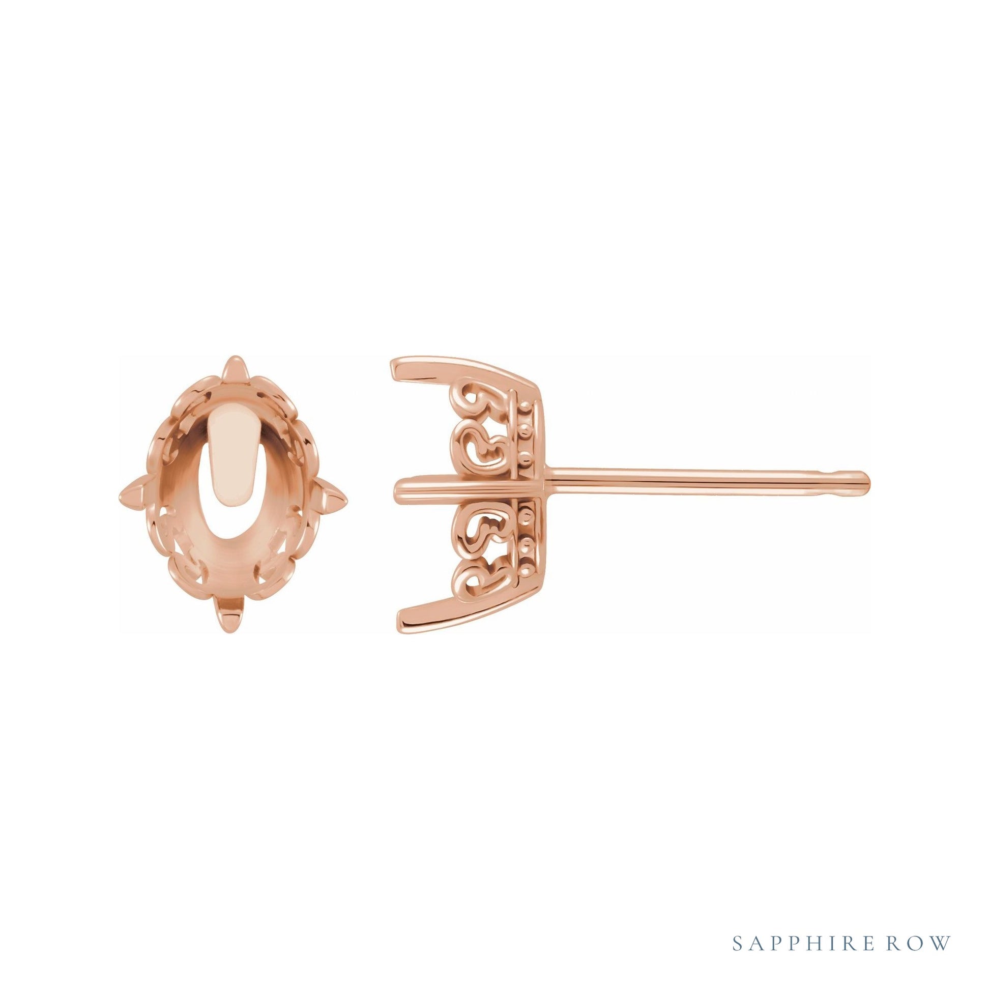 Sapphire Row Oval 4-Prong Butterfly Scroll Stud Earrings setting in 14K Rose Gold, shown with a center stone (sold separately)
