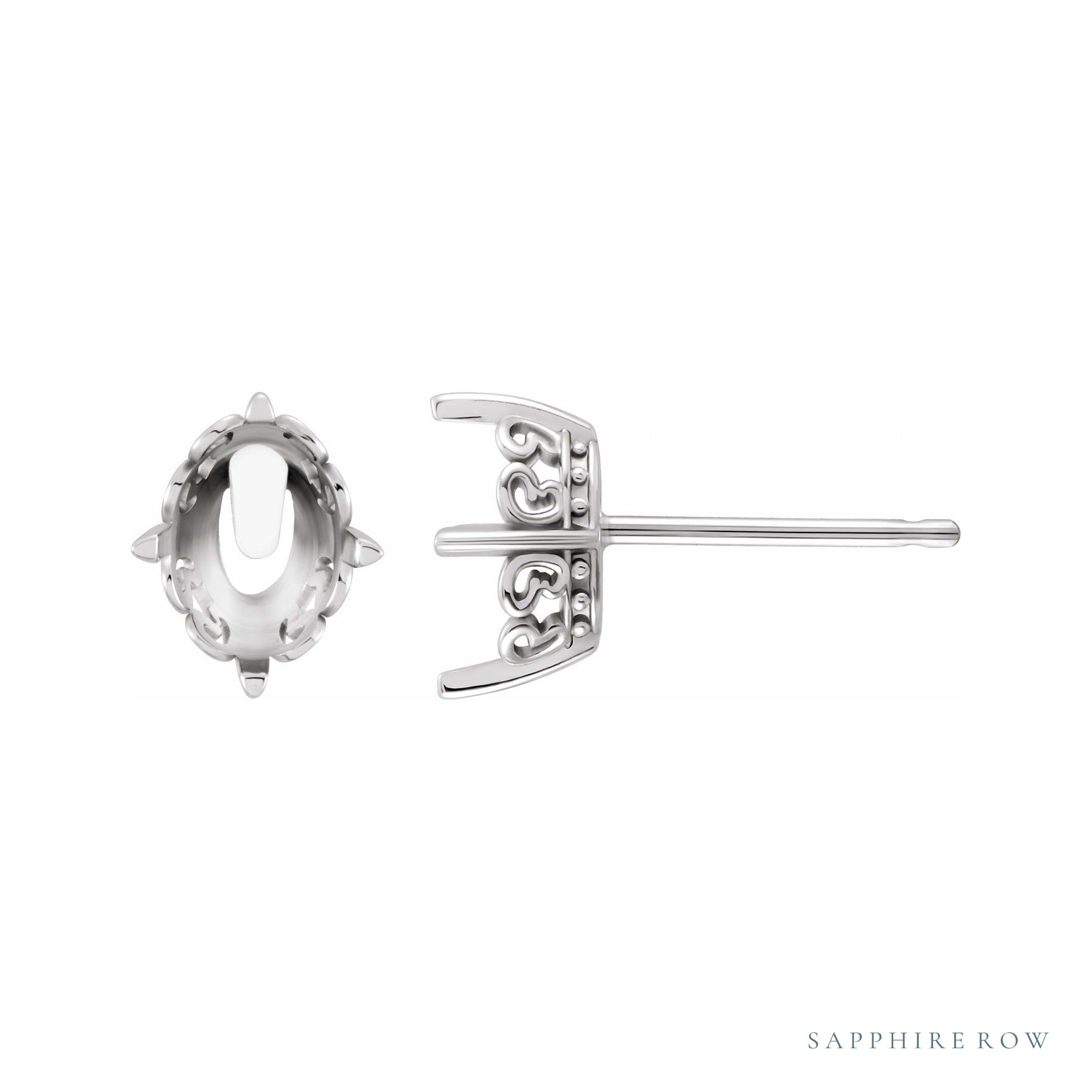 Sapphire Row Oval 4-Prong Butterfly Scroll Stud Earrings setting in 14K White Gold, shown with a center stone (sold separately)