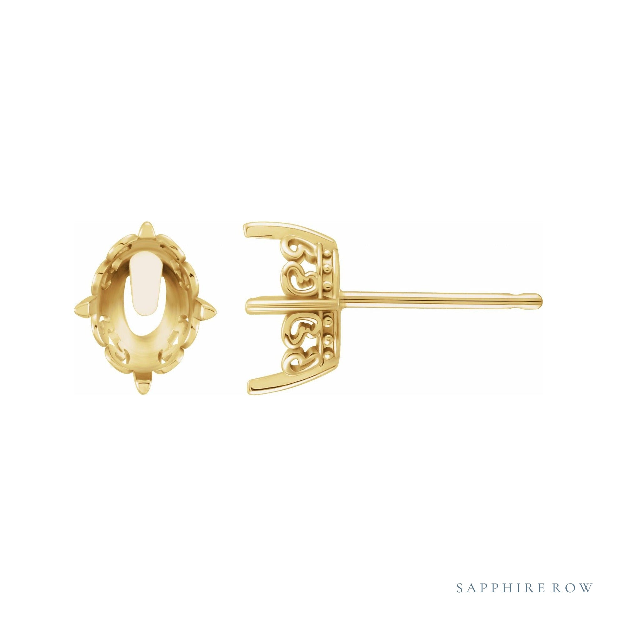 Sapphire Row Oval 4-Prong Butterfly Scroll Stud Earrings setting in 14K Yellow Gold, shown with a center stone (sold separately)