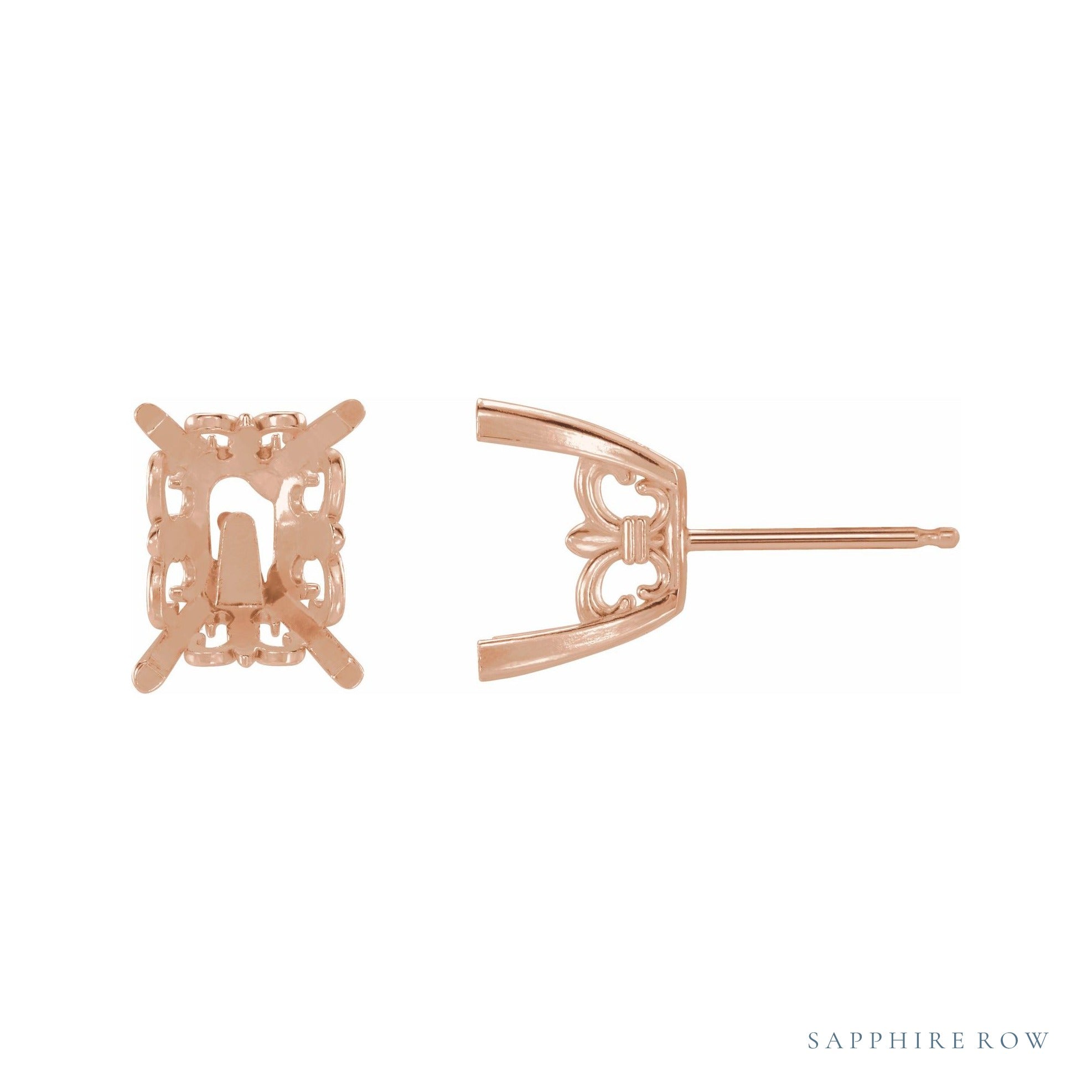 Sapphire Row Emerald 4-Prong Fleur-de-lis Stud Earrings setting in 14K Rose Gold, shown with a center stone (sold separately)
