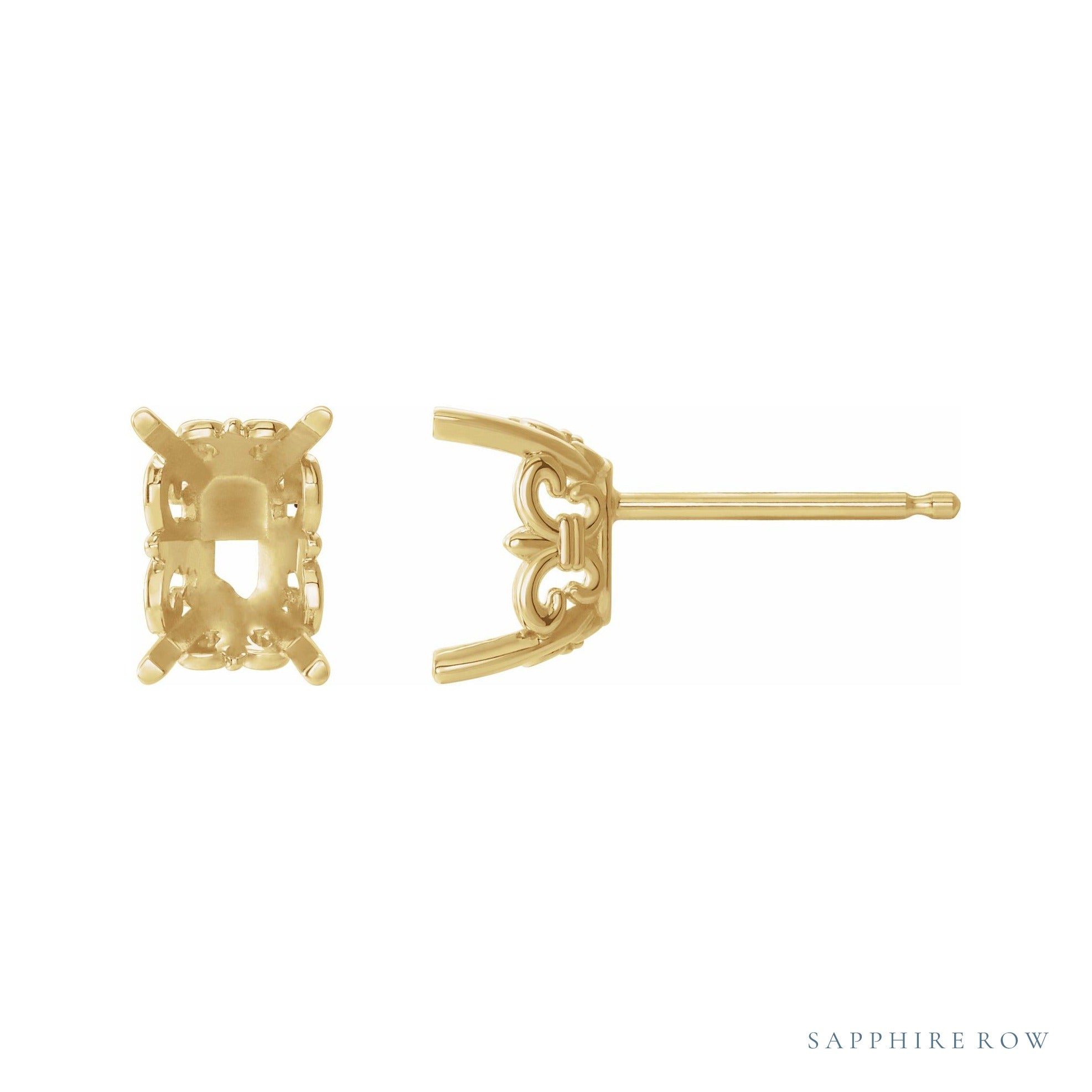 Sapphire Row Emerald 4-Prong Fleur-de-lis Stud Earrings setting in 14K Yellow Gold, shown with a center stone (sold separately)
