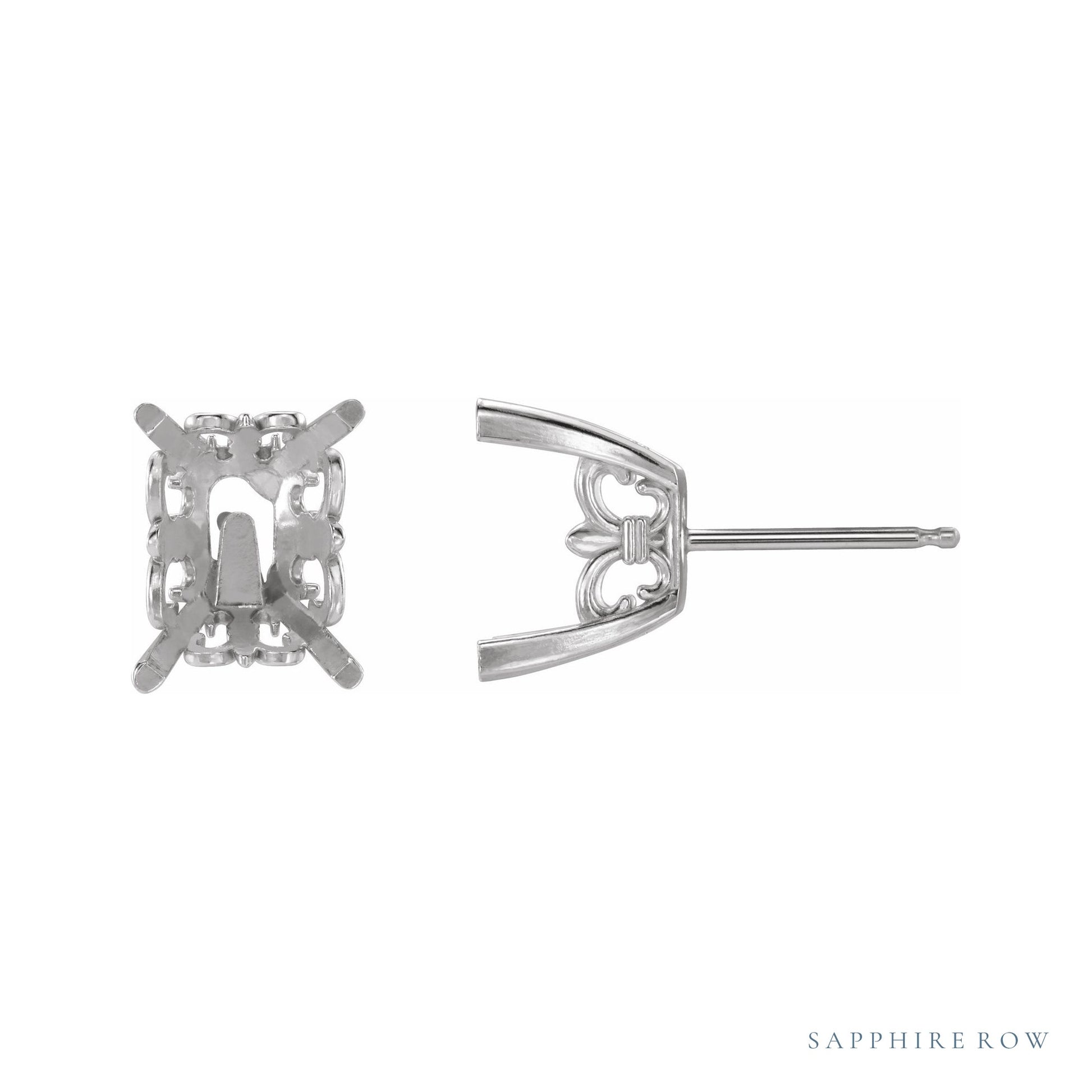 Sapphire Row Emerald 4-Prong Fleur-de-lis Stud Earrings setting in Platinum, shown with a center stone (sold separately)