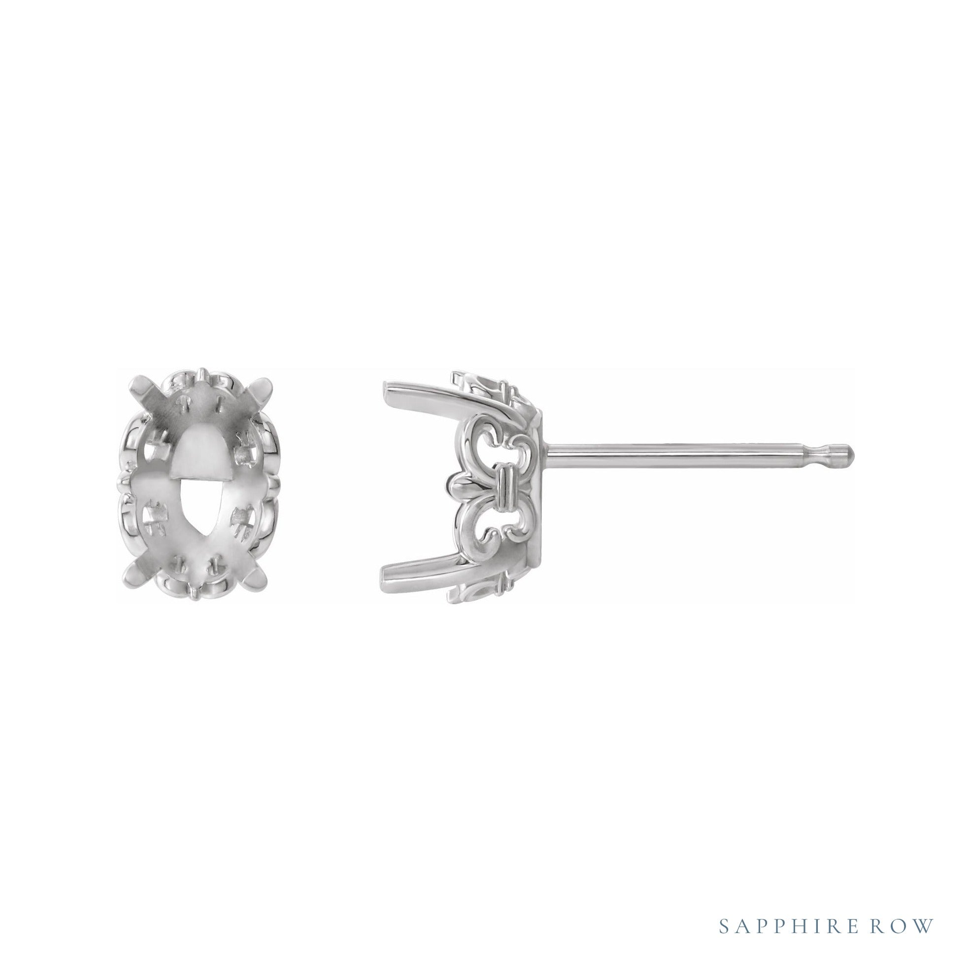 Sapphire Row Oval 4-Prong Fleur-de-lis Stud Earrings setting in 14K White Gold, shown with a center stone (sold separately)