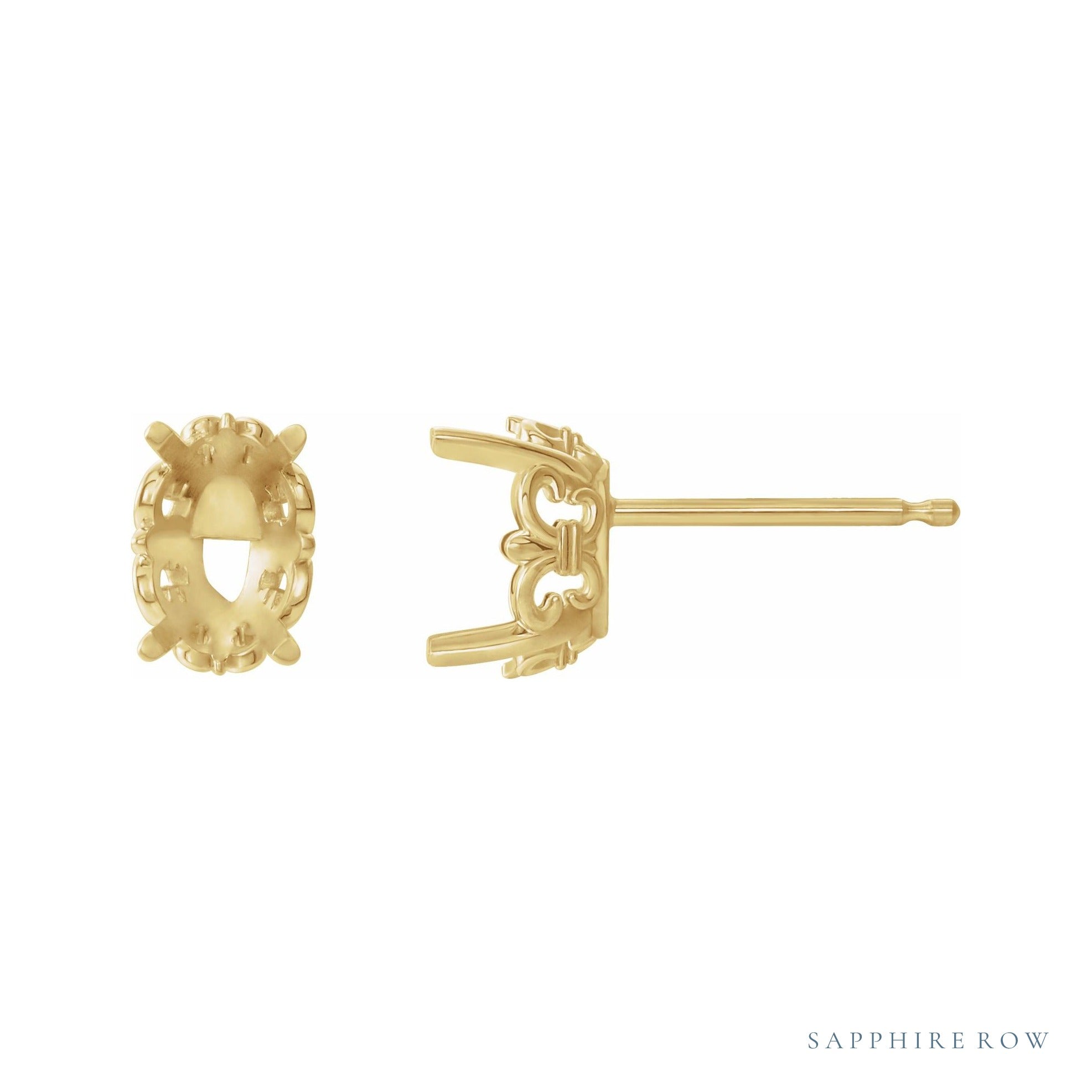 Sapphire Row Oval 4-Prong Fleur-de-lis Stud Earrings setting in 14K Yellow Gold, shown with a center stone (sold separately)