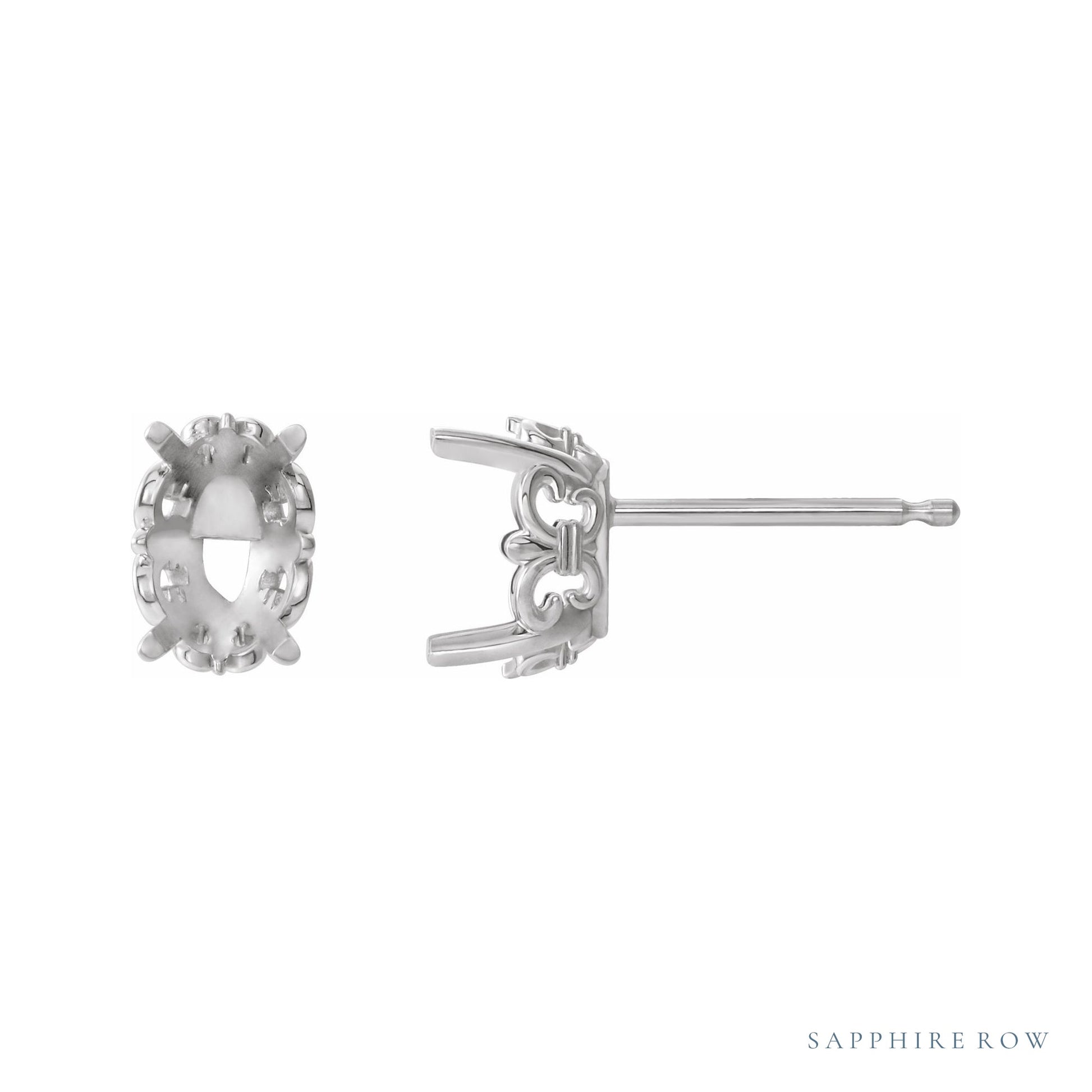 Sapphire Row Oval 4-Prong Fleur-de-lis Stud Earrings setting in Platinum, shown with a center stone (sold separately)