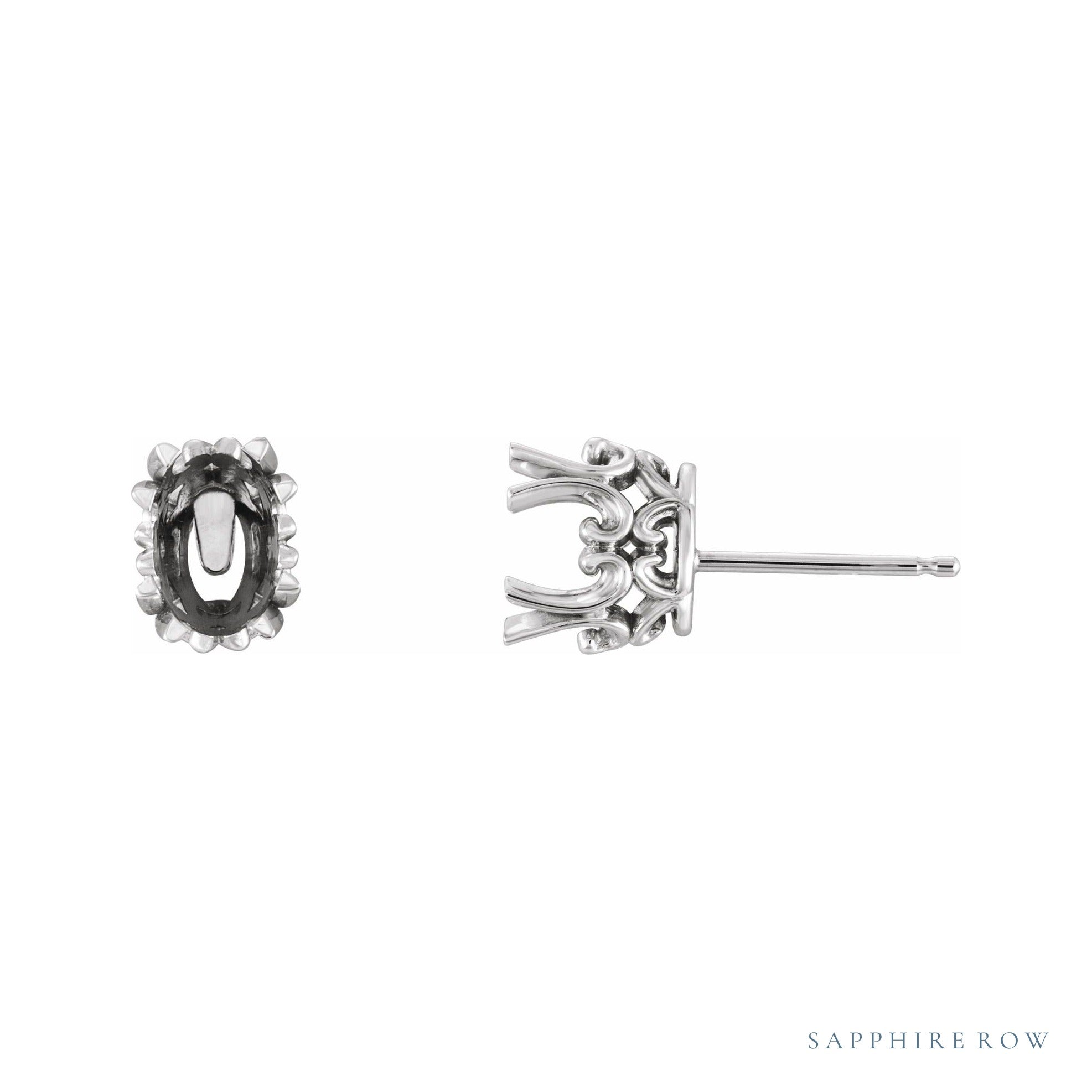 Sapphire Row Oval Double 4-Prong Scroll Earrings setting in 14K White Gold, shown with a center stone (sold separately)