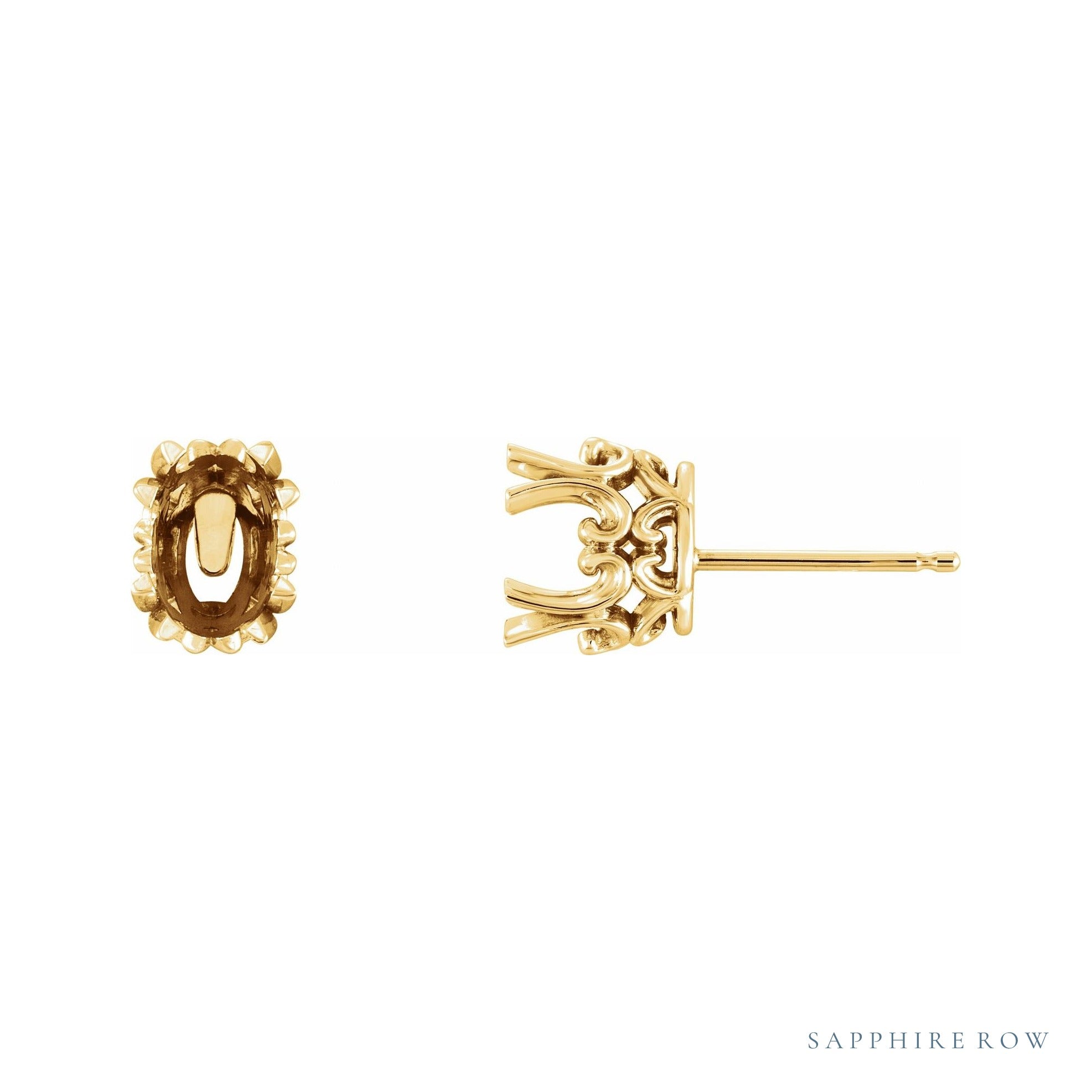 Sapphire Row Oval Double 4-Prong Scroll Earrings setting in 14K Yellow Gold, shown with a center stone (sold separately)