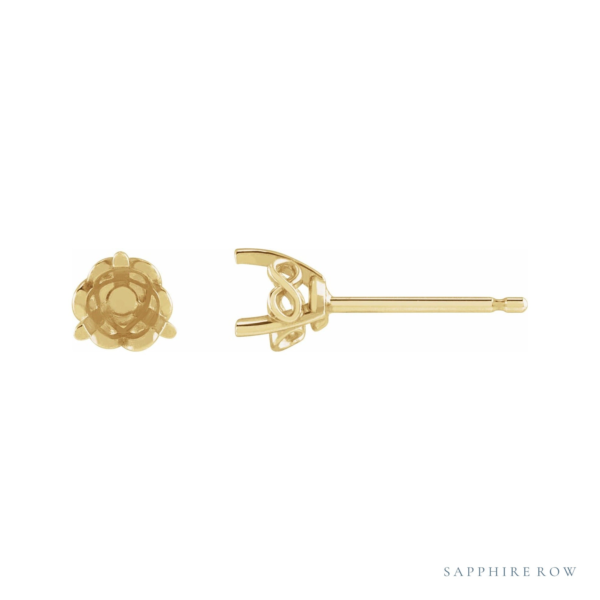 Sapphire Row Round 3-Prong Infinity-Inspired Stud Earrings setting in 14K Yellow Gold, shown with a center stone (sold separately)